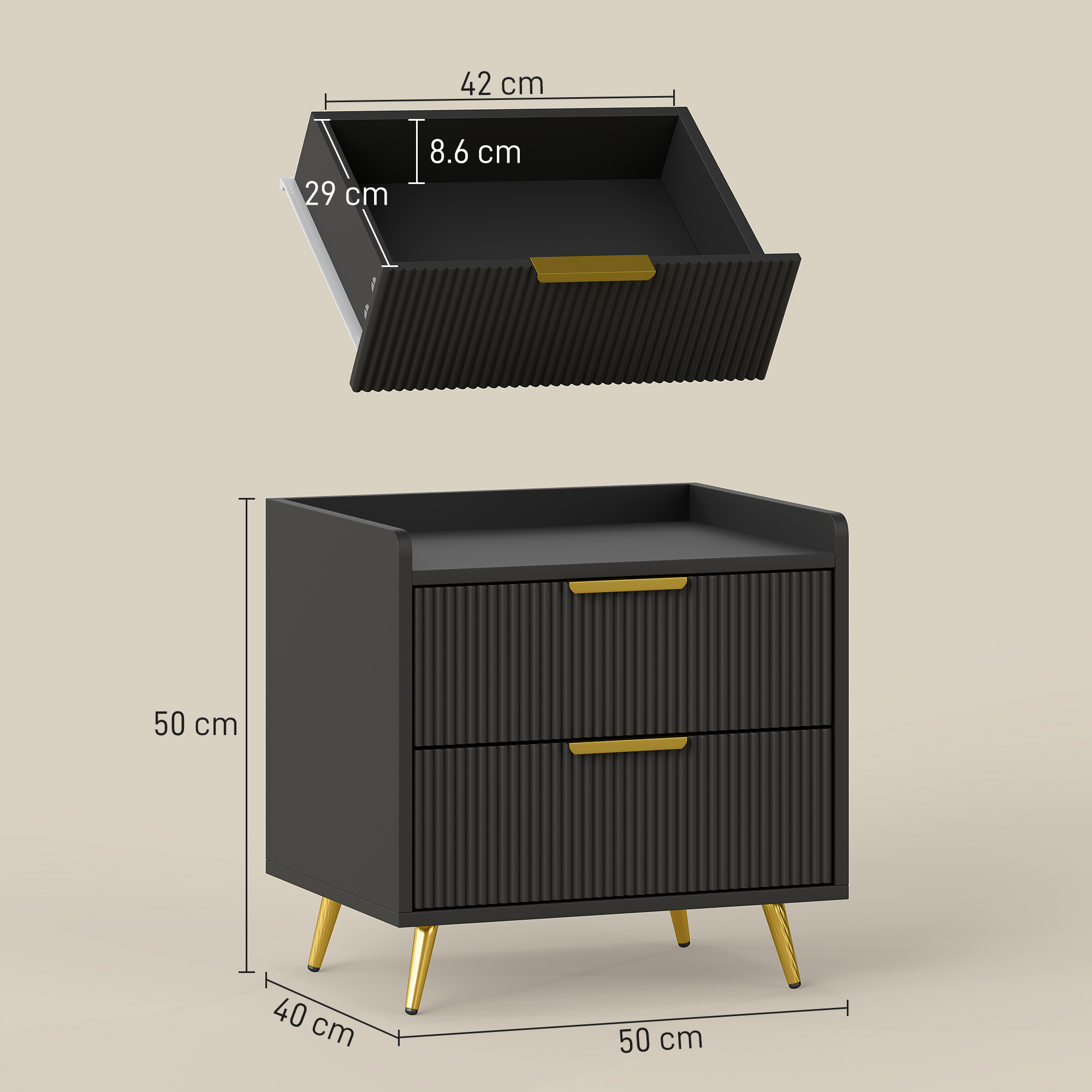 HOMCOM Elegant Two-Drawer Bedside Table Black 3