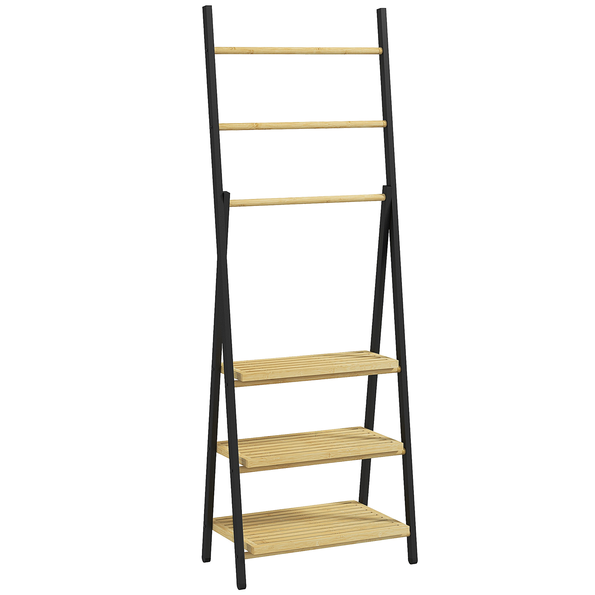 HOMCOM Cuier de Podea Pliabil pentru Prosoape cu 3 Bare și 3 Rafturi, Suport din Bambus, 53x31x153 cm, Lemn Natural | Aosom Romania