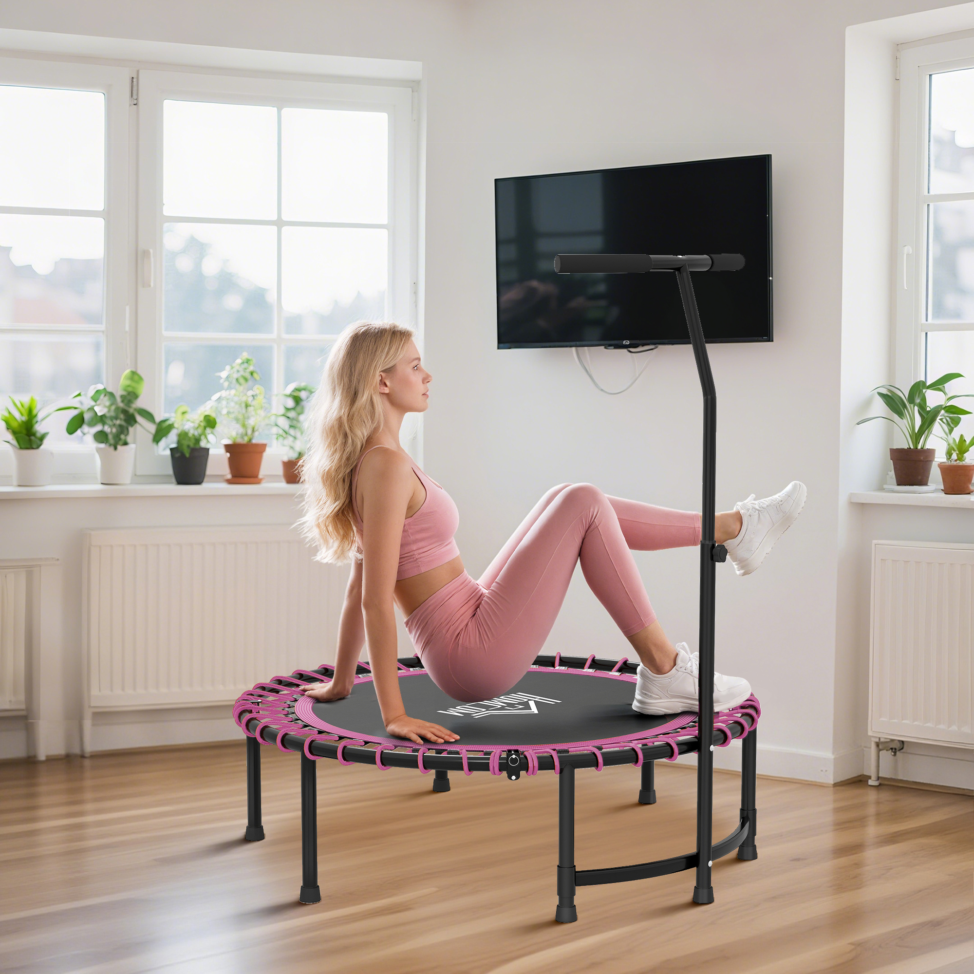 HOMCOM Mini Round Steel Frame Trampoline w/ Adjustable Handle, Pink 9