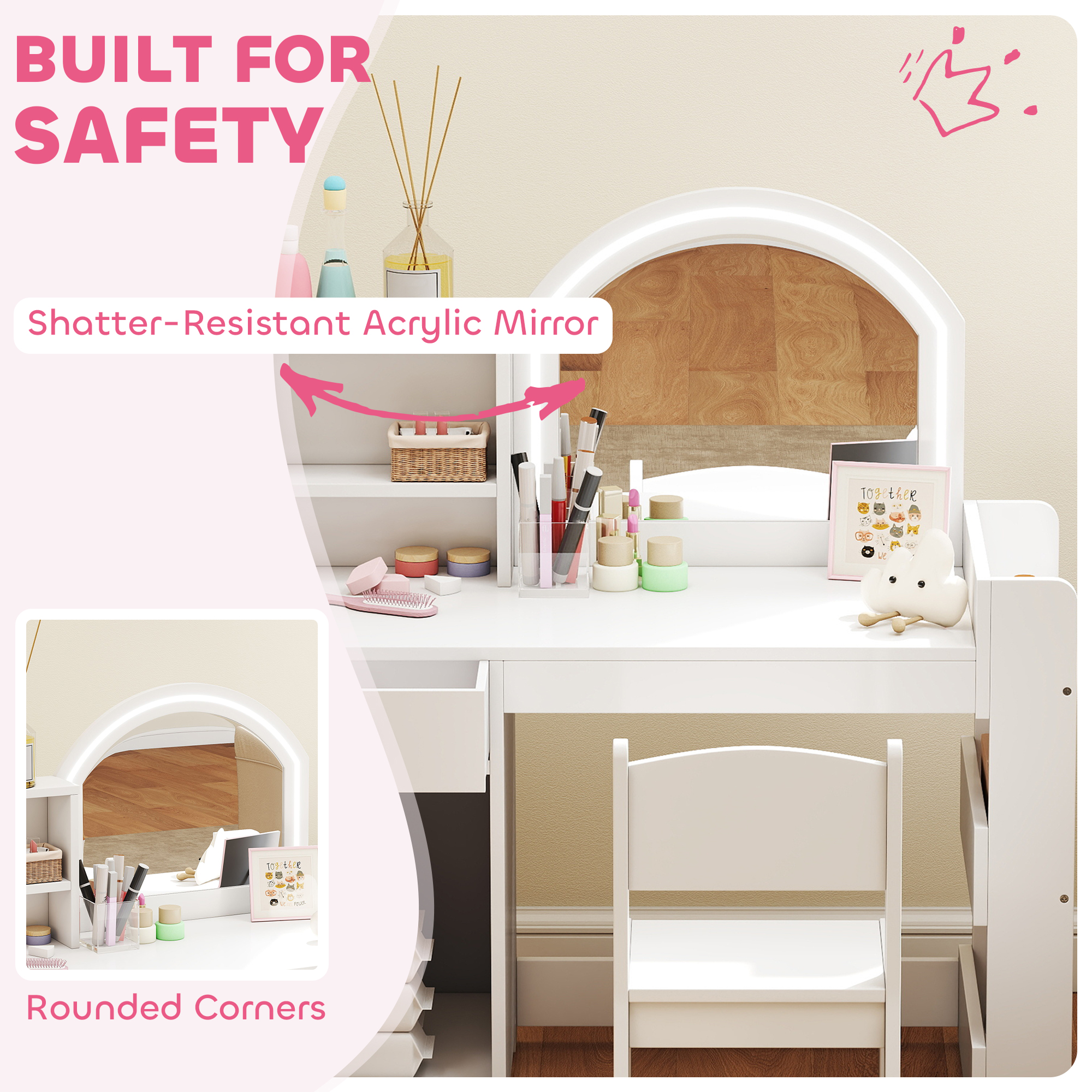AIYAPLAY Kids Vanity Table and Chair Set, Girls Dressing Table with 2-Colour LED Mirror, Stool, Cabinet, Drawer, Shelves, White 7
