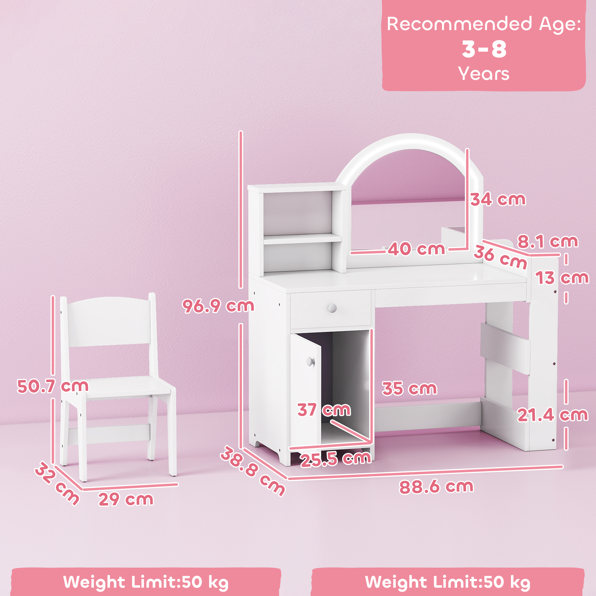 AIYAPLAY Kids Vanity Table and Chair Set, Girls Dressing Table with 2-Colour LED Mirror, Stool, Cabinet, Drawer, Shelves, White 3