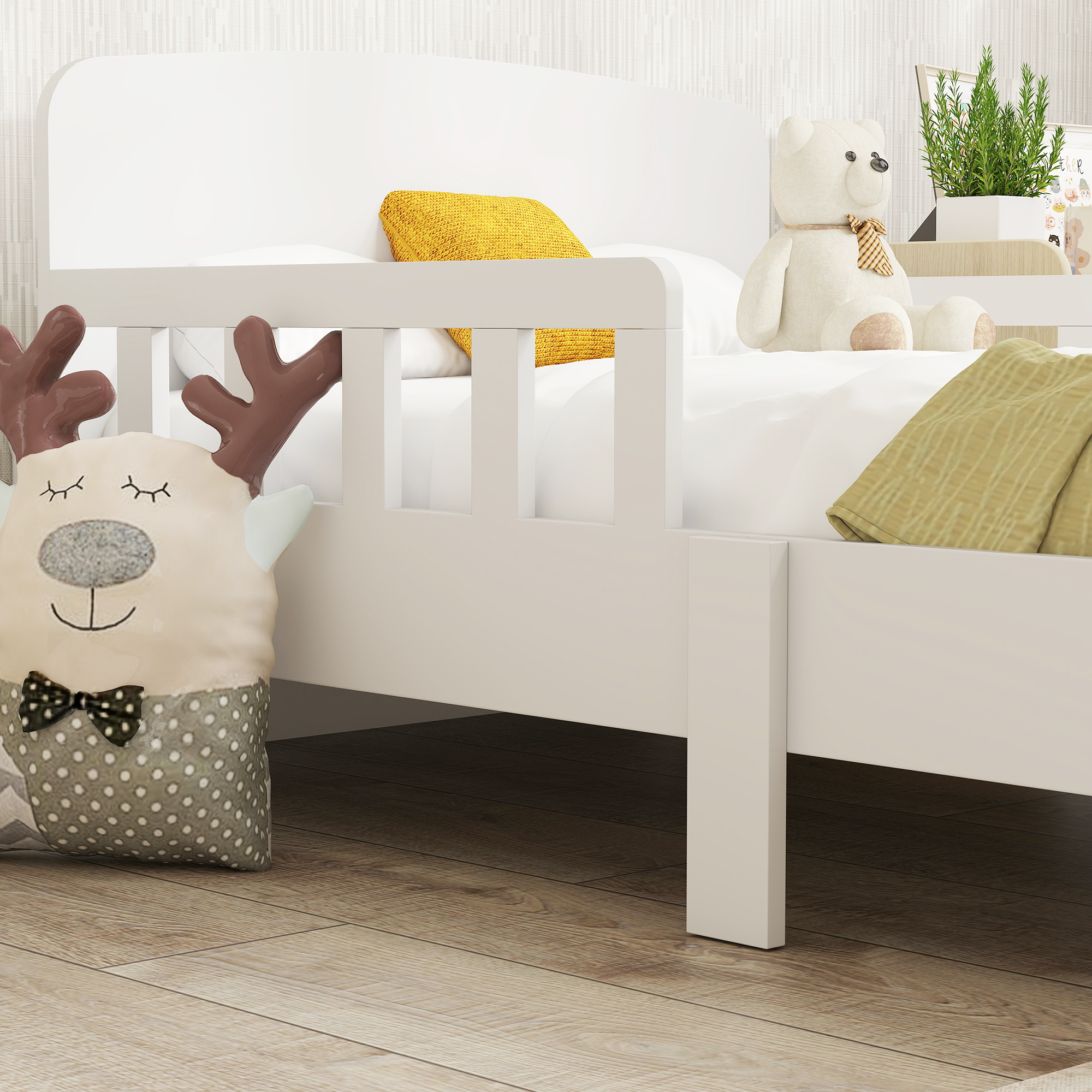 AIYAPLAY Toddler Bed, Kids Bed Frame with Safety Side Rails, Kids Bedroom Furniture for Ages 3-8 Years, White 7