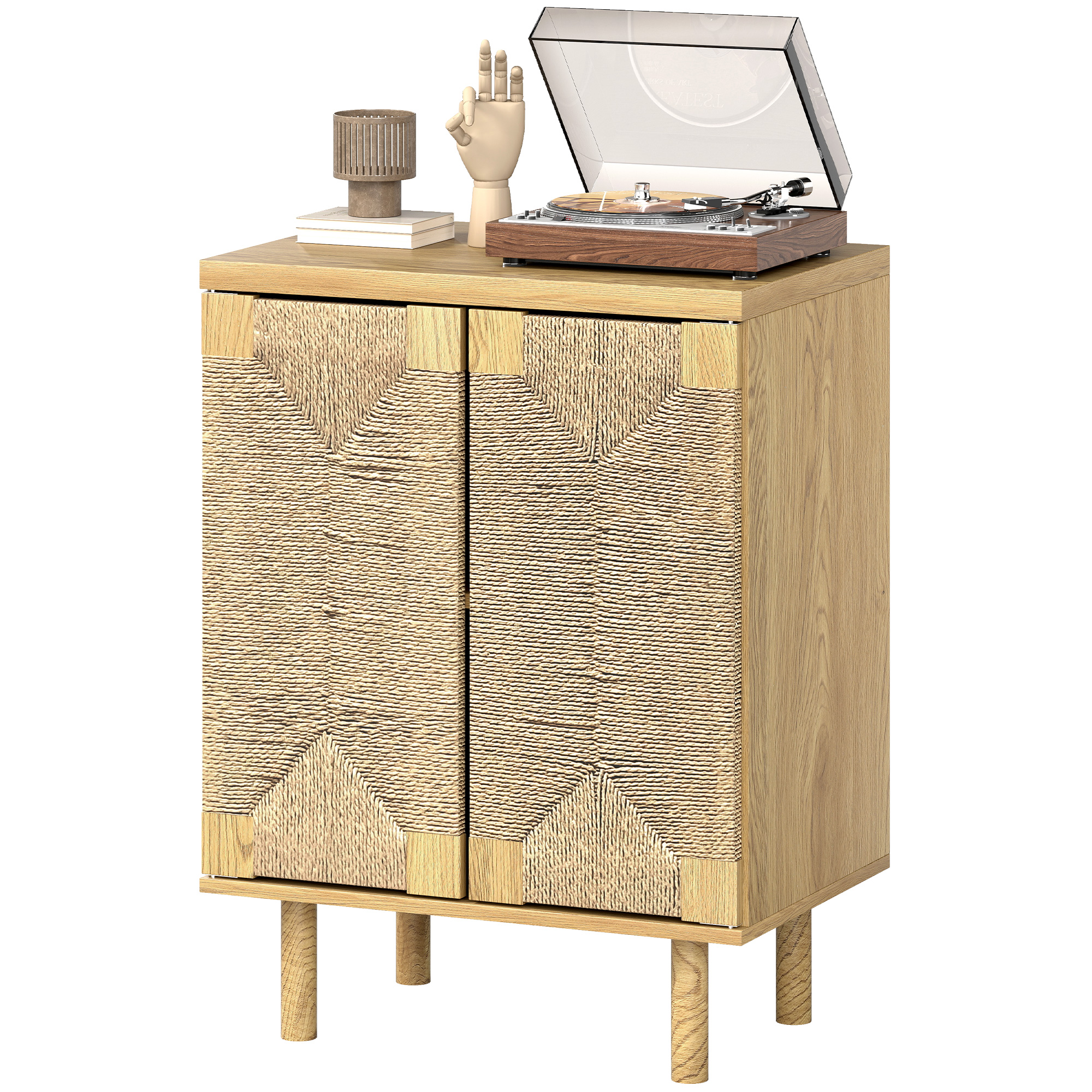 HOMCOM Buffet bohème 2 portes avec corde tissée à la main étagère réglable ouverture par pression chêne 60x40x78 cm