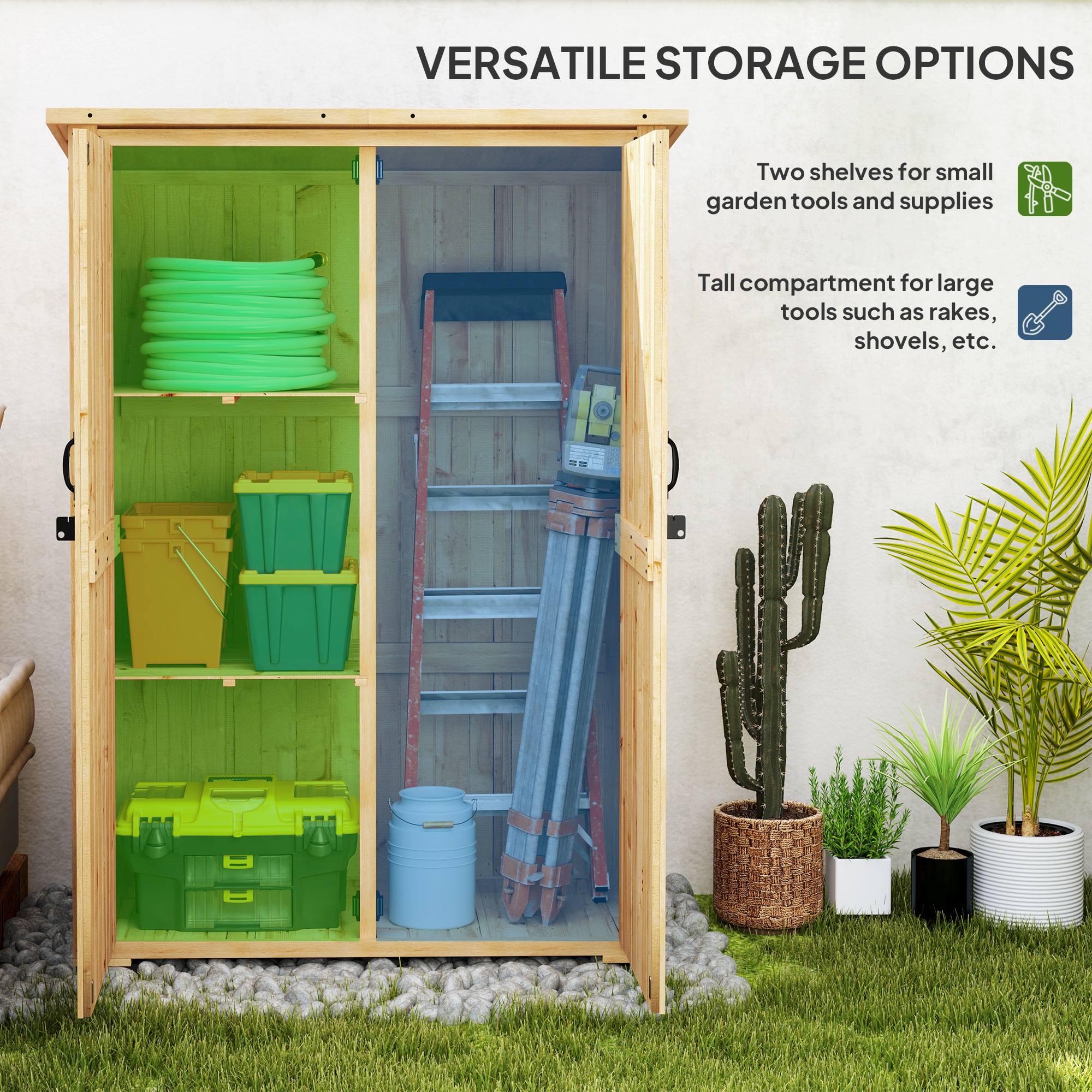 Outsunny Wooden Garden Storage Shed, Tool Storage Cabinet with Asphalt Roof and 2 Shelves for Garden Tools, Equipment, Outdoor Tool Shed with Double Doors, Natural 4