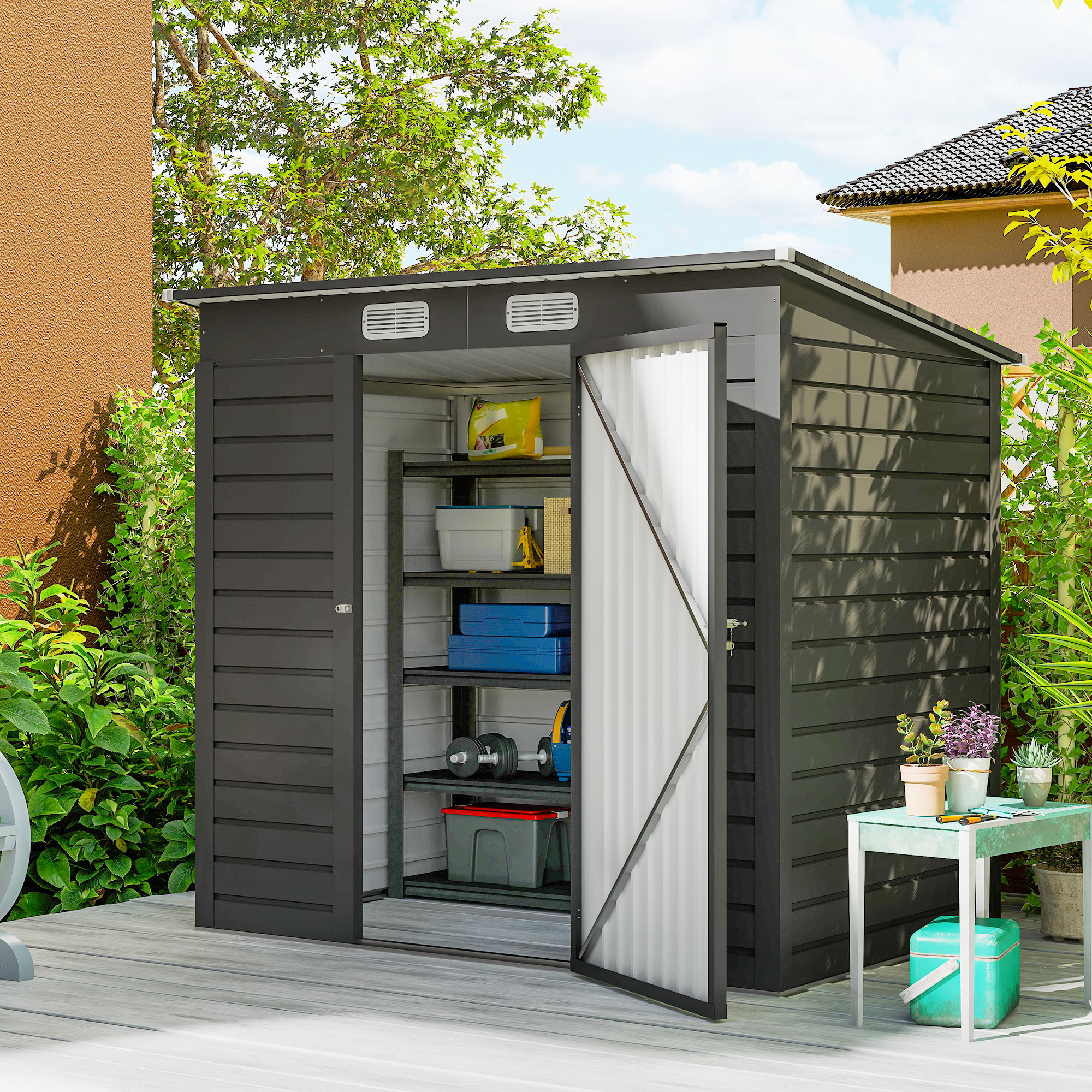 Outsunny 4 x 6ft Galvanised Metal Garden Shed, with Locking Door Grey 2