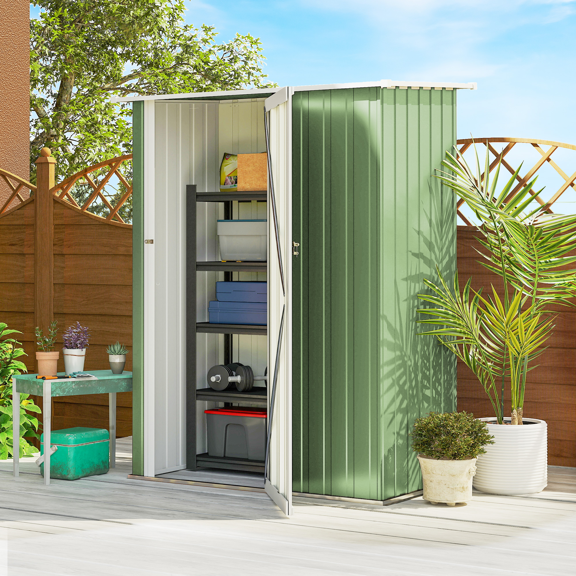 Outsunny 5ft x 3ft Garden Storage Shed, Outdoor Metal Shed with Sloped Roof, Lockable Door for Tools, Equipment, Light Green 2