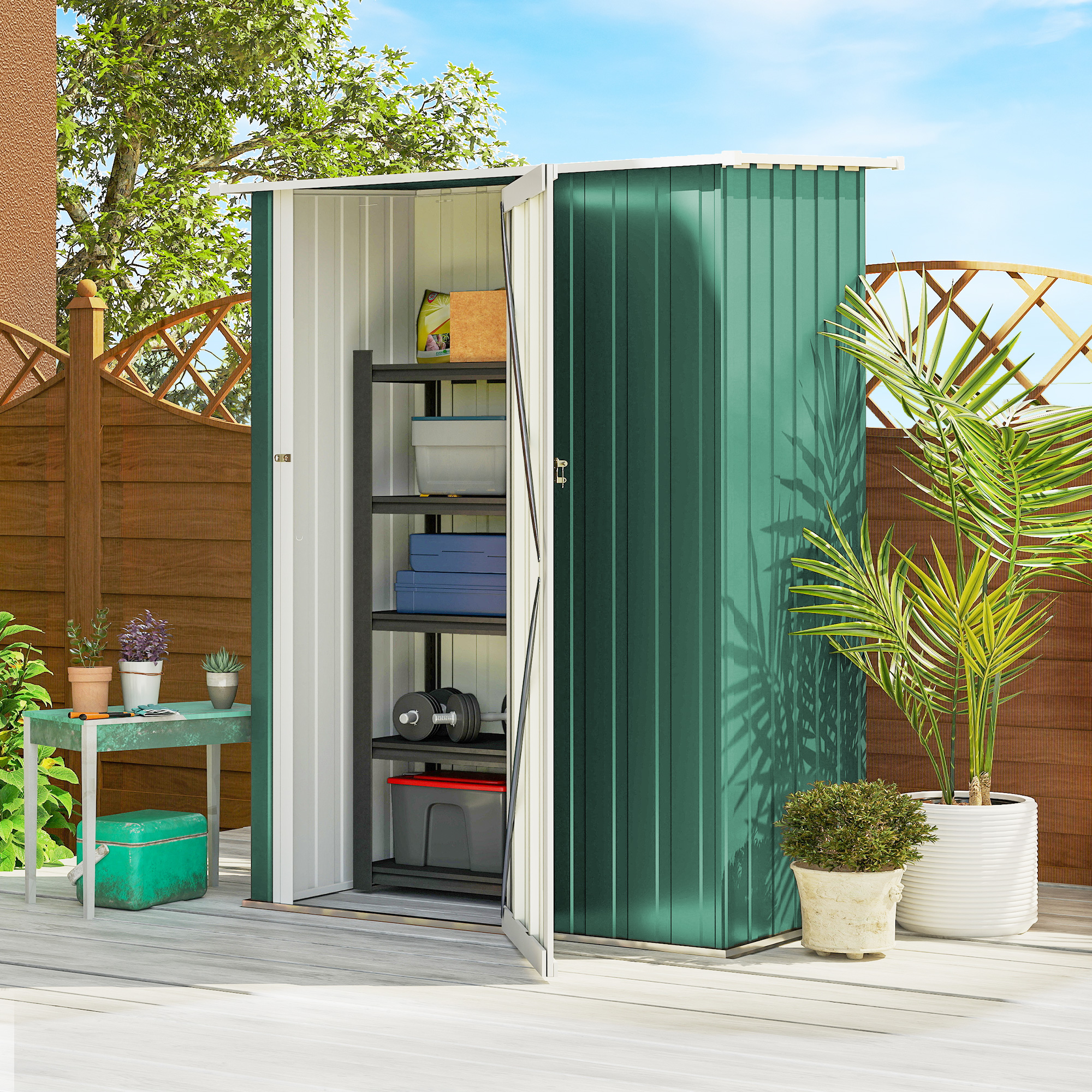 Outsunny 5ft x 3ft Garden Storage Shed, Outdoor Metal Shed with Sloped Roof, Lockable Door for Tools, Equipment, Green 2