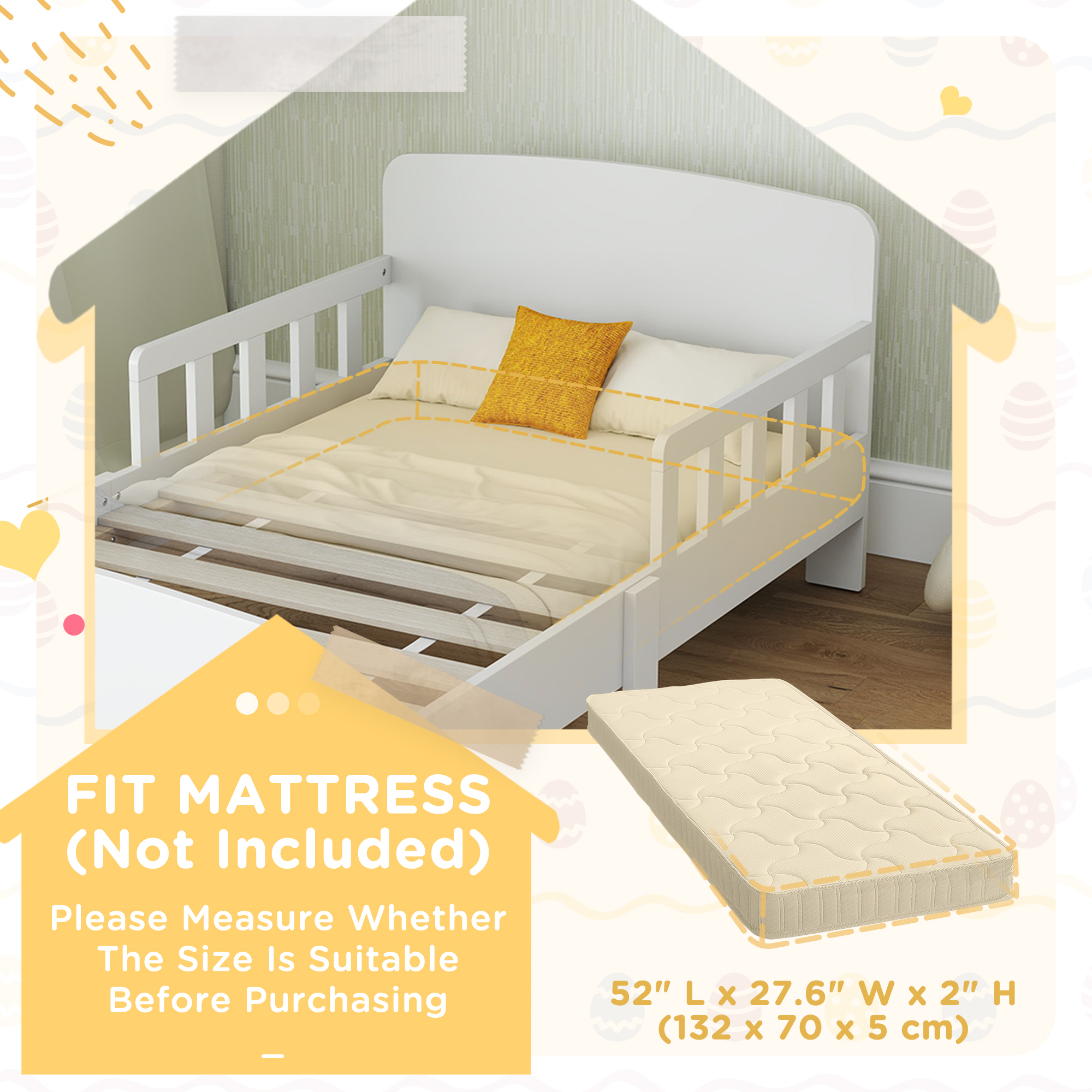 AIYAPLAY Toddler Bed, Kids Bed Frame with Safety Side Rails, Kids Bedroom Furniture for Ages 3-8 Years, White 6