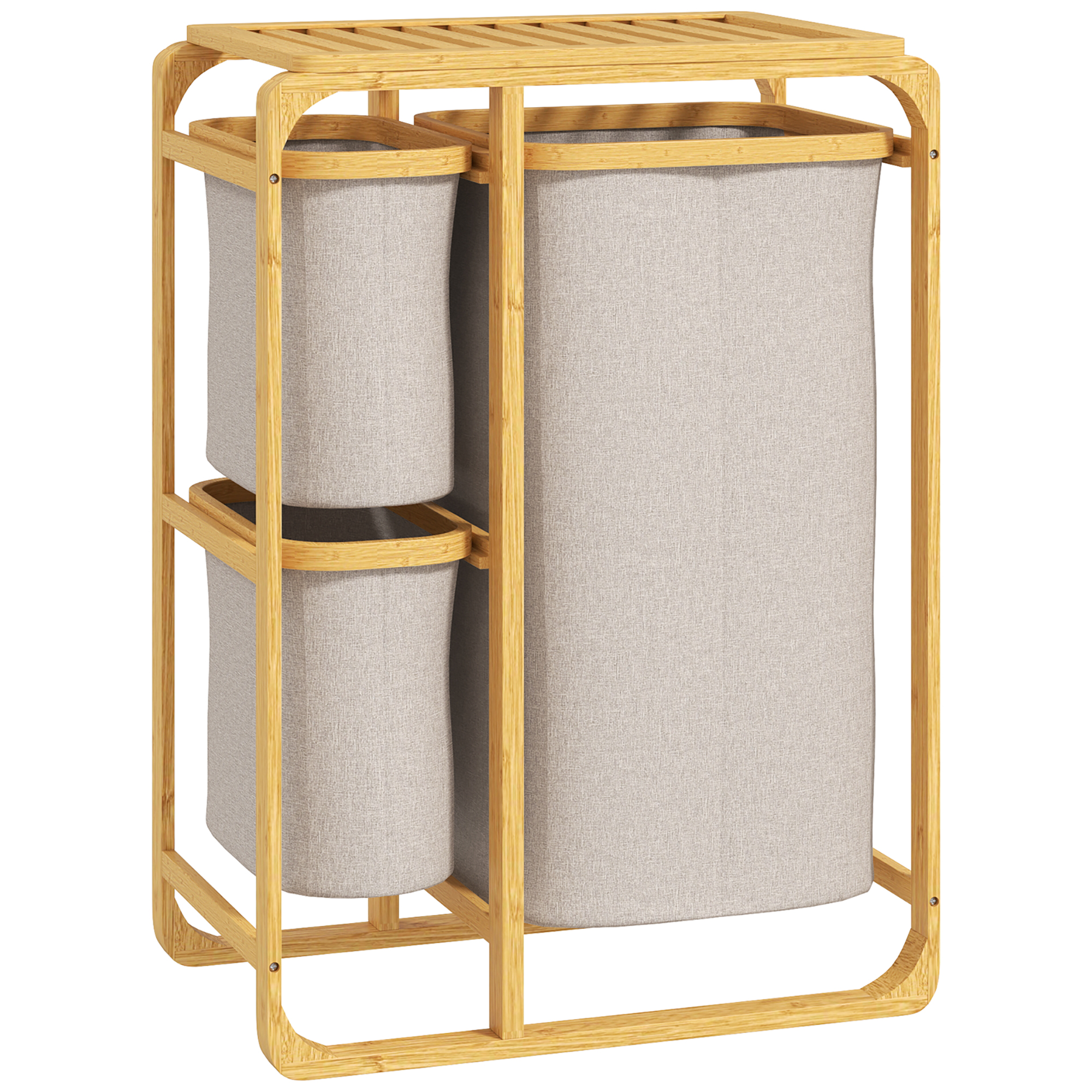 HOMCOM Coș pentru Rufe cu 3 Saci și Rafturi Detașabile din Material Textil din Bambus, 50x32x69,7 cm, Alb Crem | Aosom Romania