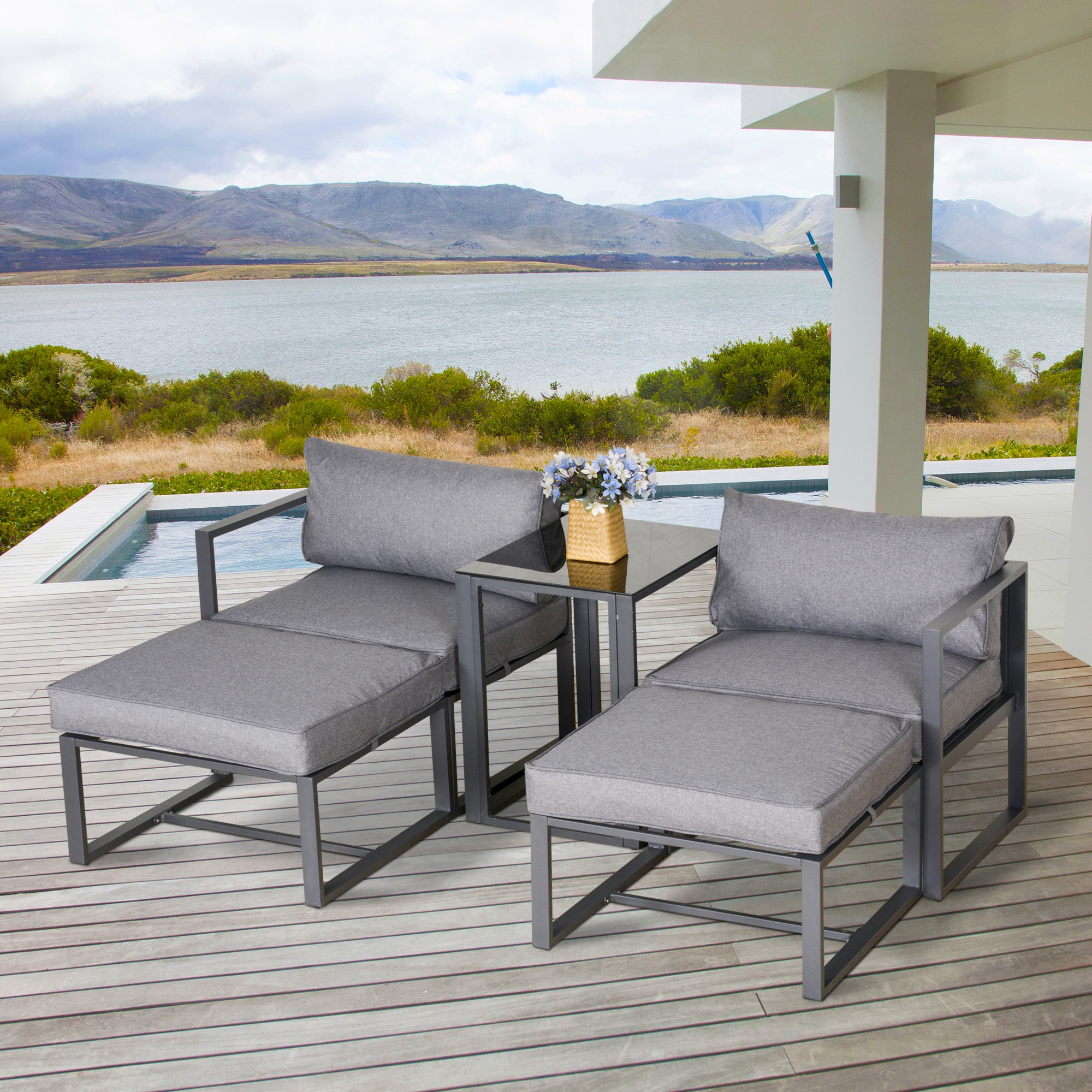 Outsunny 5 Piece Garden Aluminium Conversation Sofa Set Patio Furniture Set Outdoor 2 Sofas 2 Footstools End Table with Cushions 2