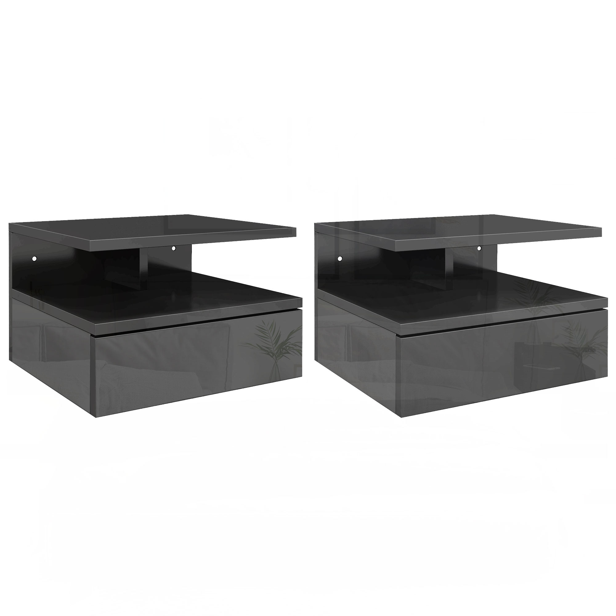 HOMCOM Set de 2 Noptiere Moderne Suspendate pentru Dormitor cu Sertar și Raft, 35x32x22,5 cm, Negru Lucios | Aosom Romania