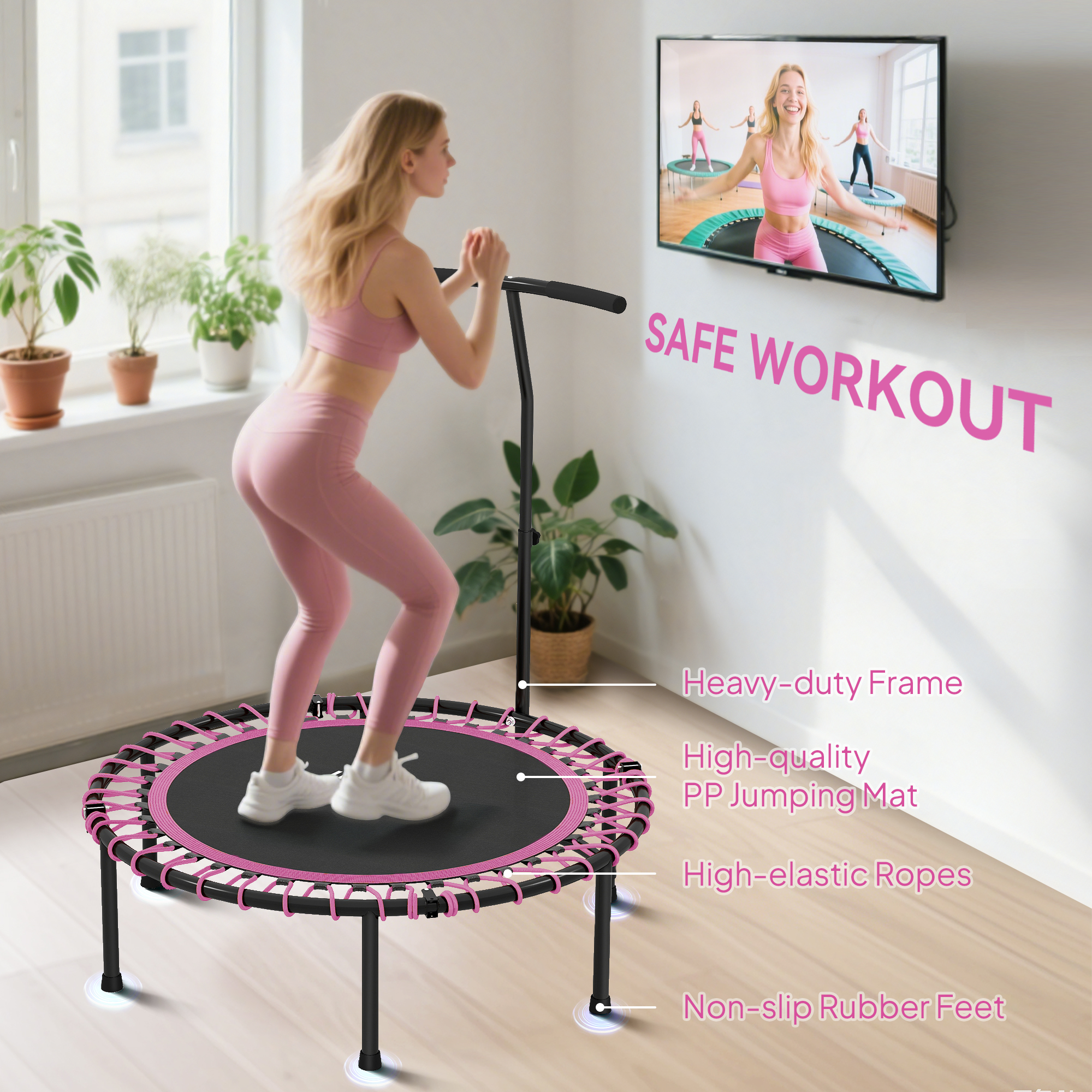 HOMCOM Mini Round Steel Frame Trampoline w/ Adjustable Handle, Pink 6