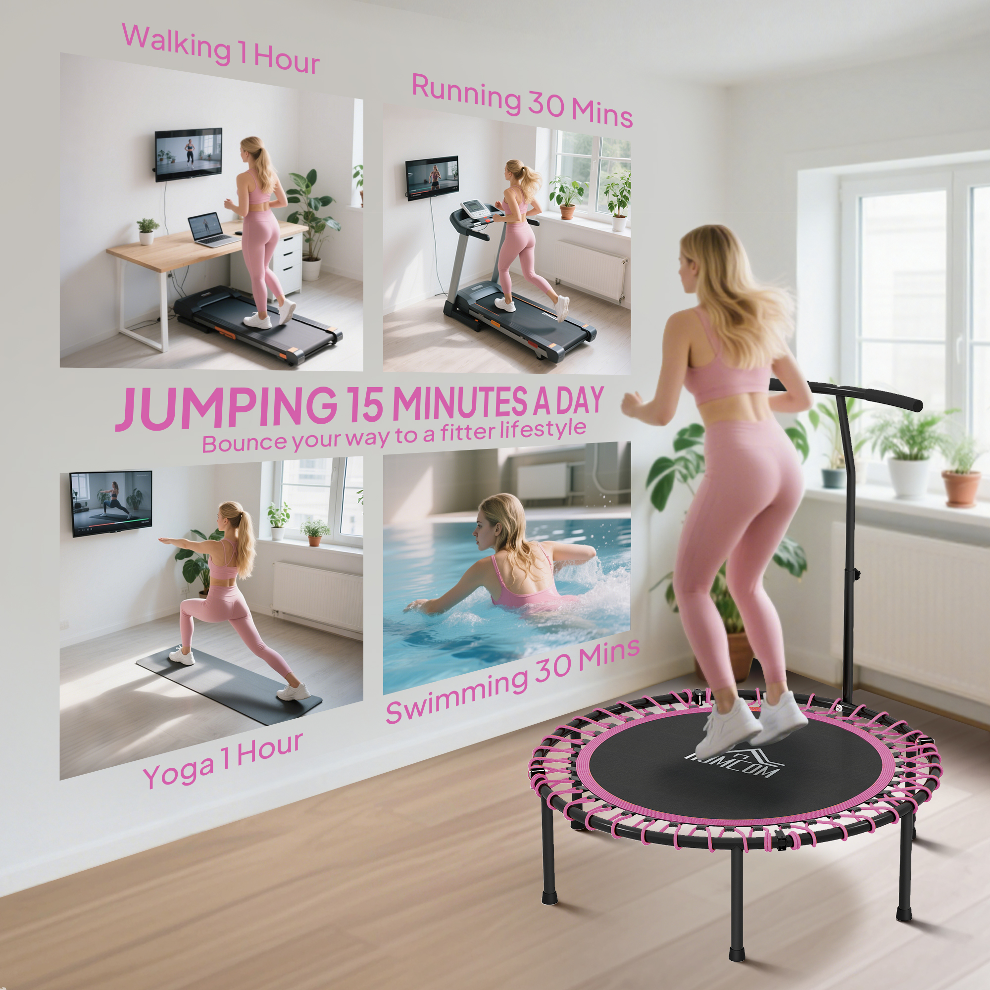 HOMCOM Mini Round Steel Frame Trampoline w/ Adjustable Handle, Pink 7