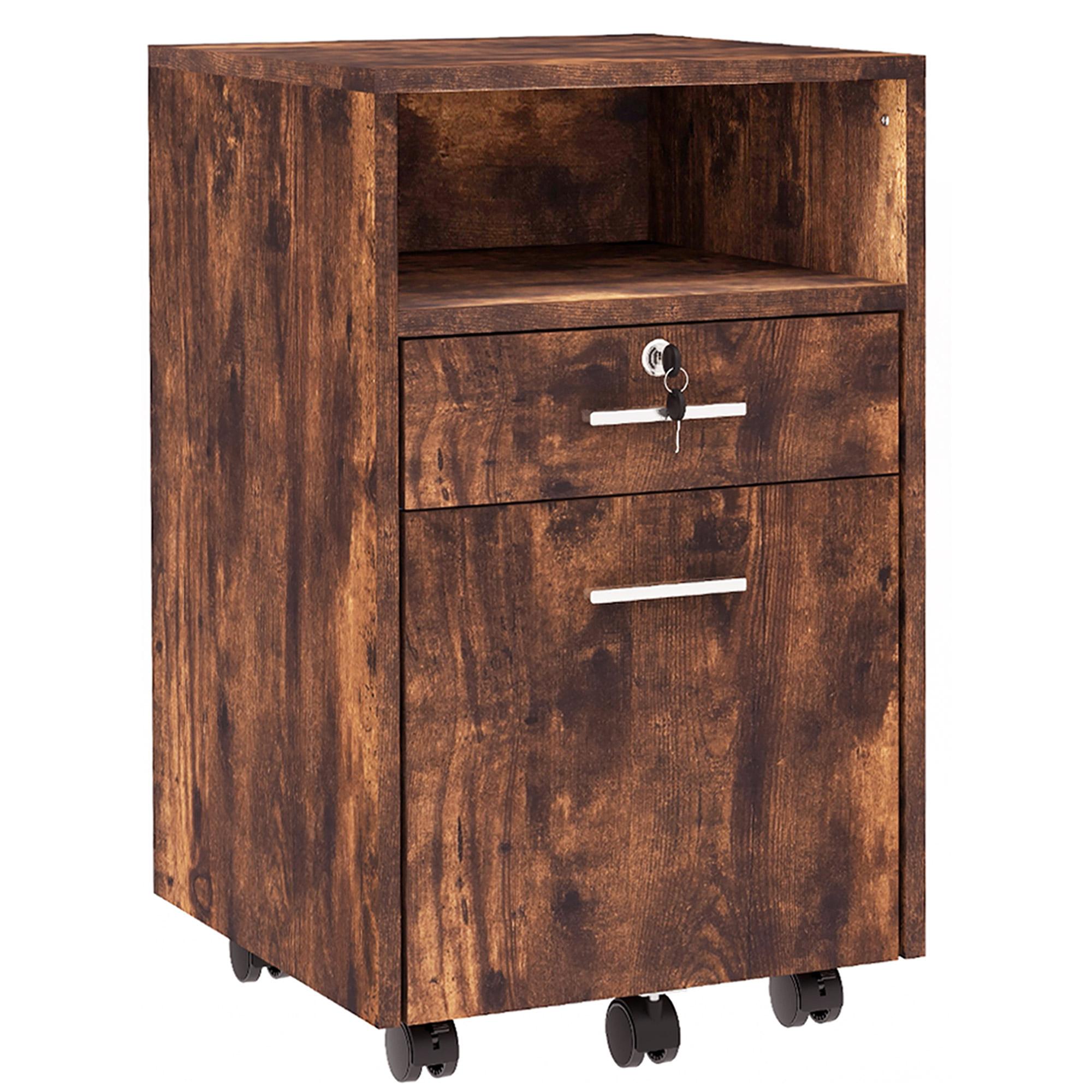Vinsetto Comodă de Birou cu 2 Sertare și Raft Deschis, Mobilier cu 5 Rotile, Încuietoare și 2 Chei, 39x40x65 cm, Maro | Aosom Romania