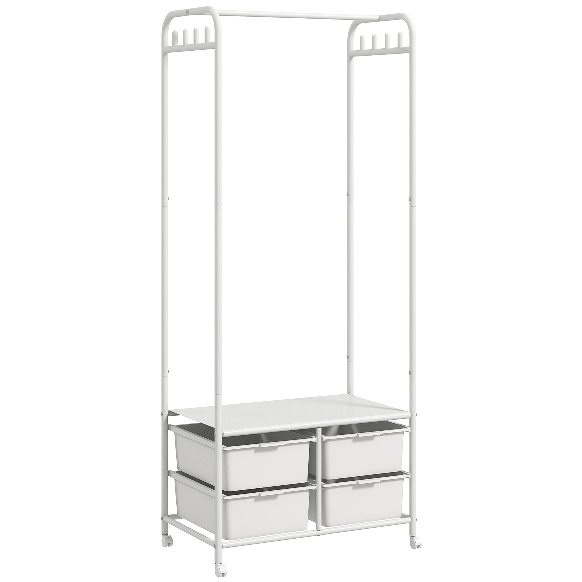 HOMCOM Suport Cuier cu Rafturi pentru Pantofi și 4 Coșuri, Cuier Intrare din Oțel și Plastic, 8 Agățători, 63x37x153 cm, Alb | Aosom Romania
