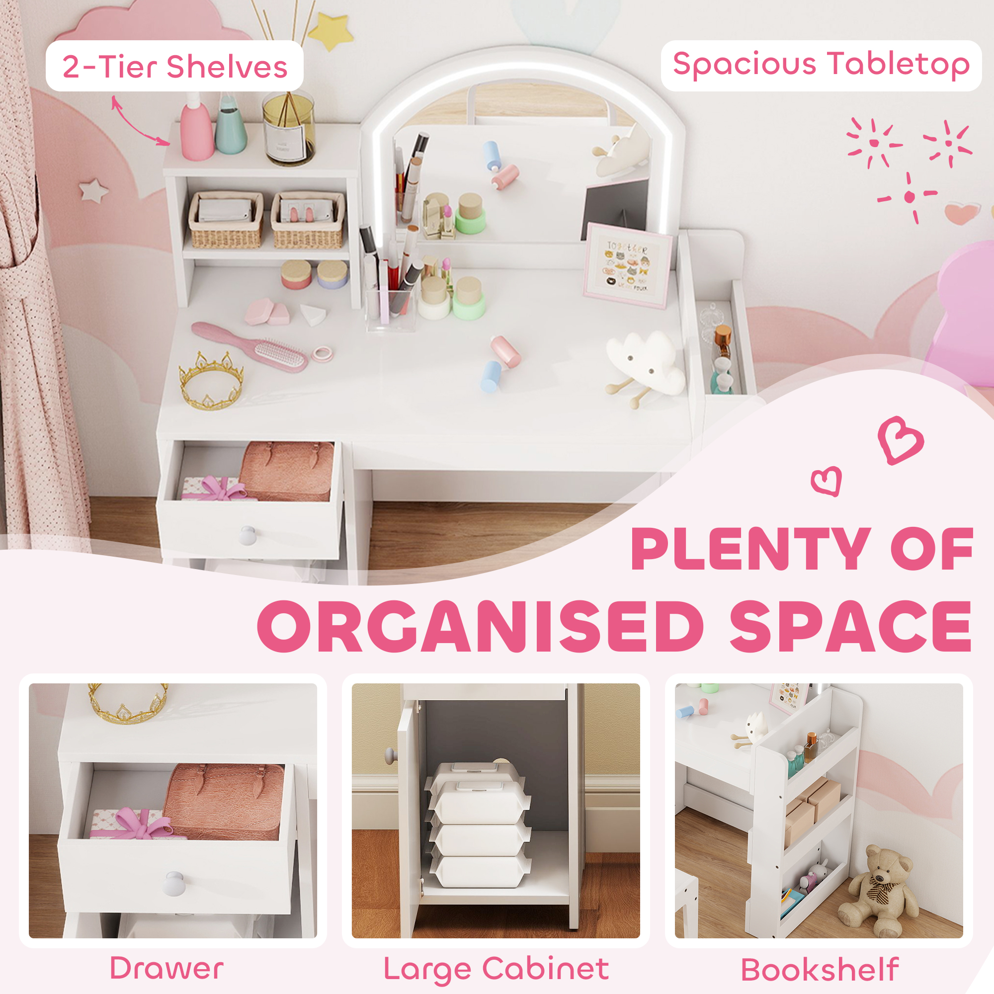AIYAPLAY Kids Vanity Table and Chair Set, Girls Dressing Table with 2-Colour LED Mirror, Stool, Cabinet, Drawer, Shelves, White 6