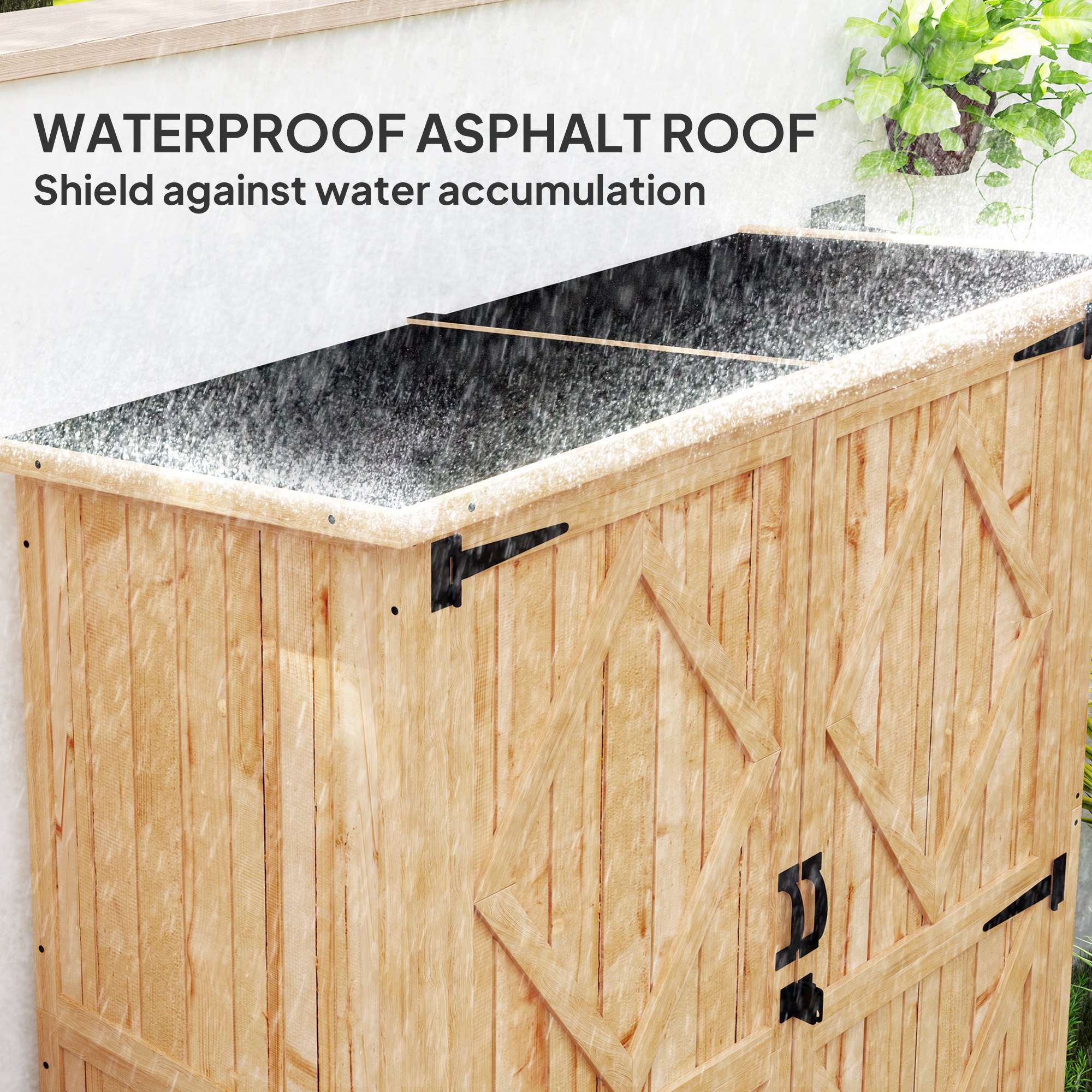 Outsunny Wooden Garden Storage Shed, Tool Storage Cabinet with Asphalt Roof and 2 Shelves for Garden Tools, Equipment, Outdoor Tool Shed with Double Doors, Natural 5