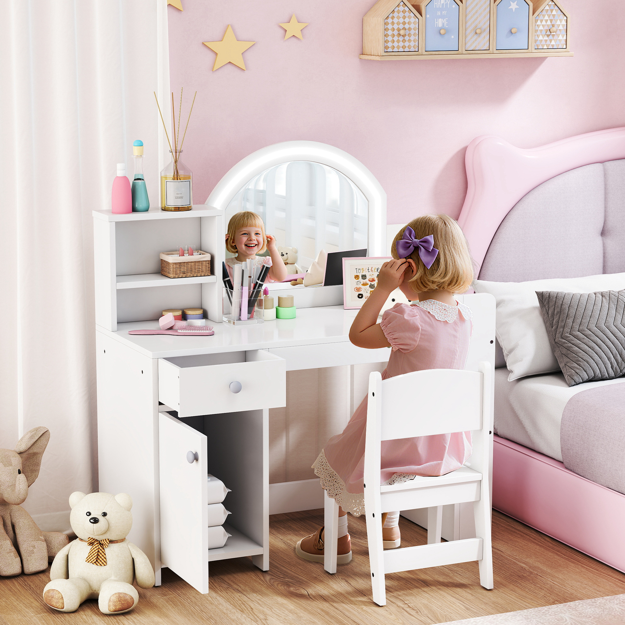 AIYAPLAY Kids Vanity Table and Chair Set, Girls Dressing Table with 2-Colour LED Mirror, Stool, Cabinet, Drawer, Shelves, White 2