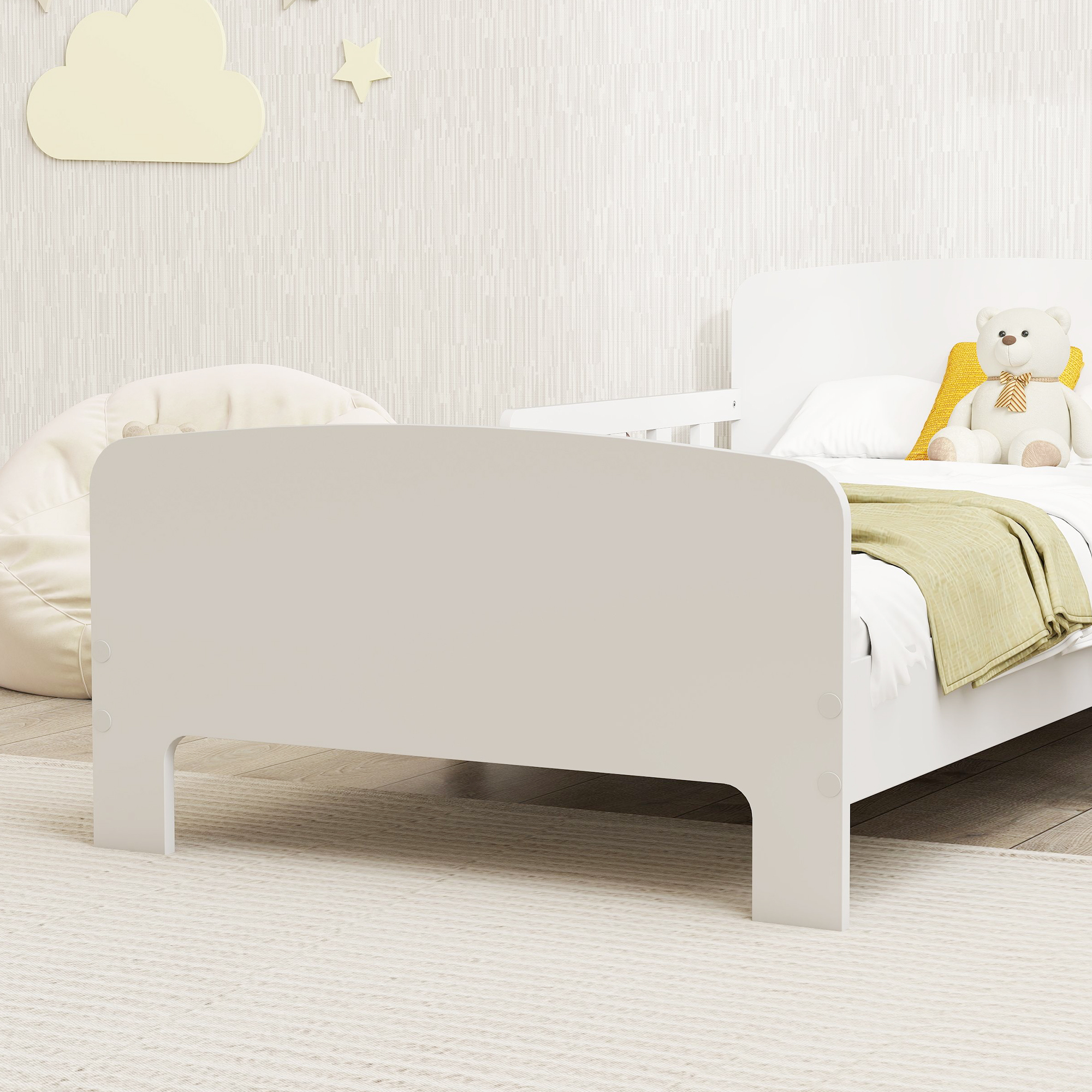 AIYAPLAY Toddler Bed, Kids Bed Frame with Safety Side Rails, Kids Bedroom Furniture for Ages 3-8 Years, White 9
