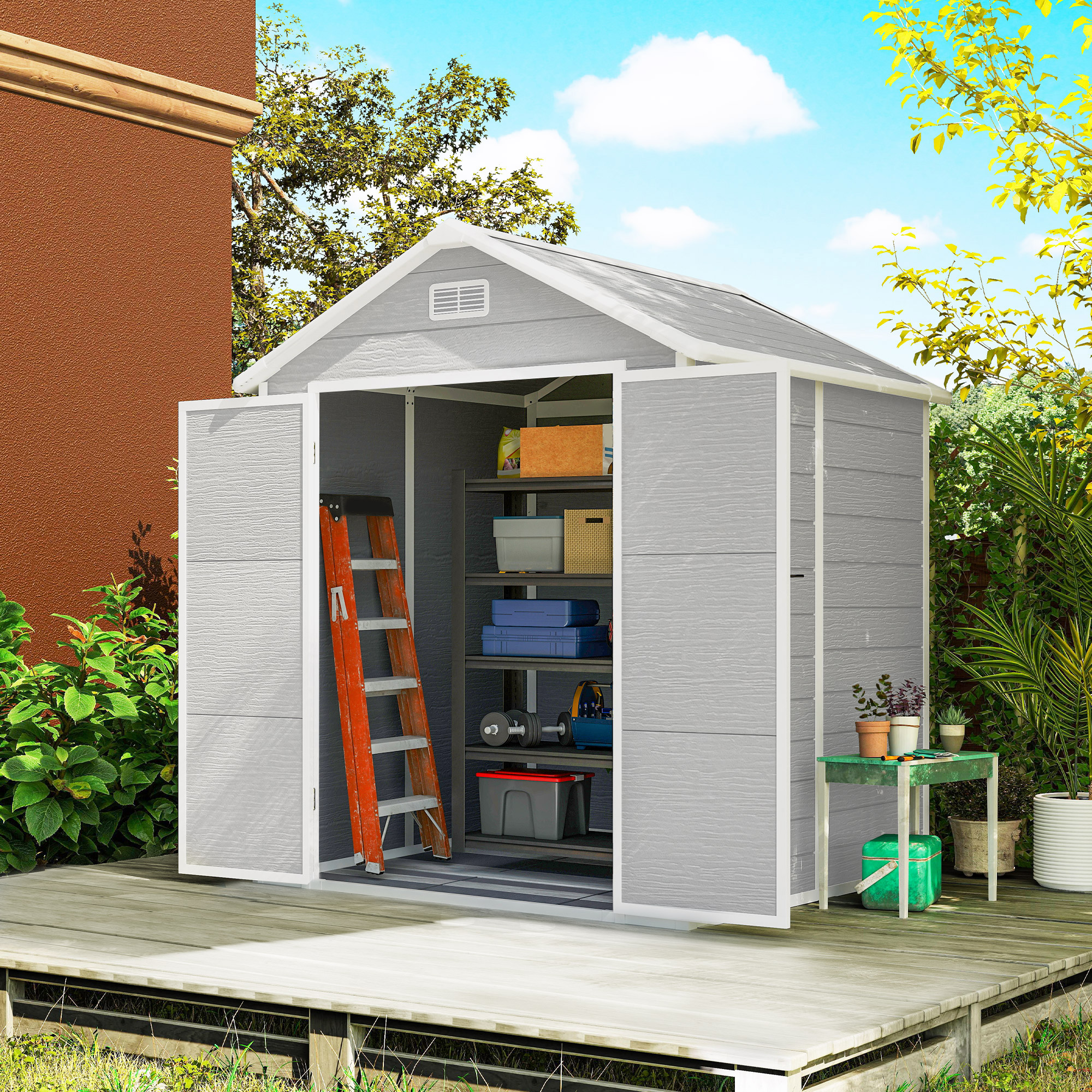 Outsunny 6 x 5ft Garden Shed, Plastic Shed with Floor, Window, Lockable Doors and Vents, Wood Effect Resin Tool Shed for Outdoor Patio, Light Grey 2