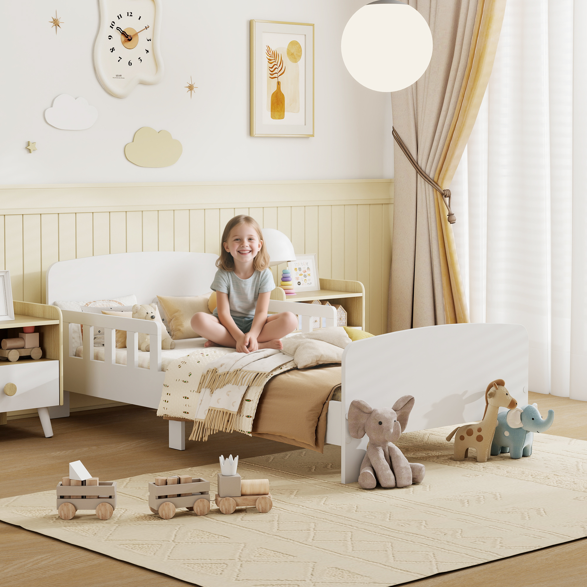 AIYAPLAY Toddler Bed, Kids Bed Frame with Safety Side Rails, Kids Bedroom Furniture for Ages 3-8 Years, White 2