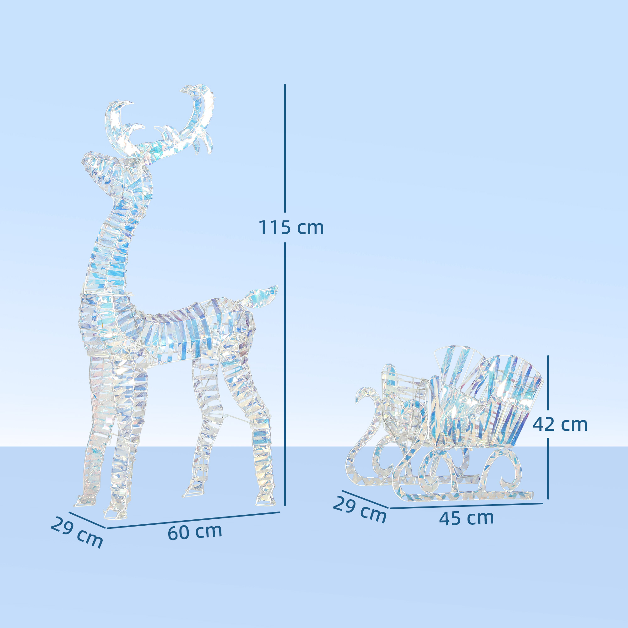 Outsunny Lighted Christmas Reindeer with Sleigh, Outdoor Yard Reindeer with 170 Warm White LED Lights, Holiday Decor with Stakes, Waterproof, Silver 3