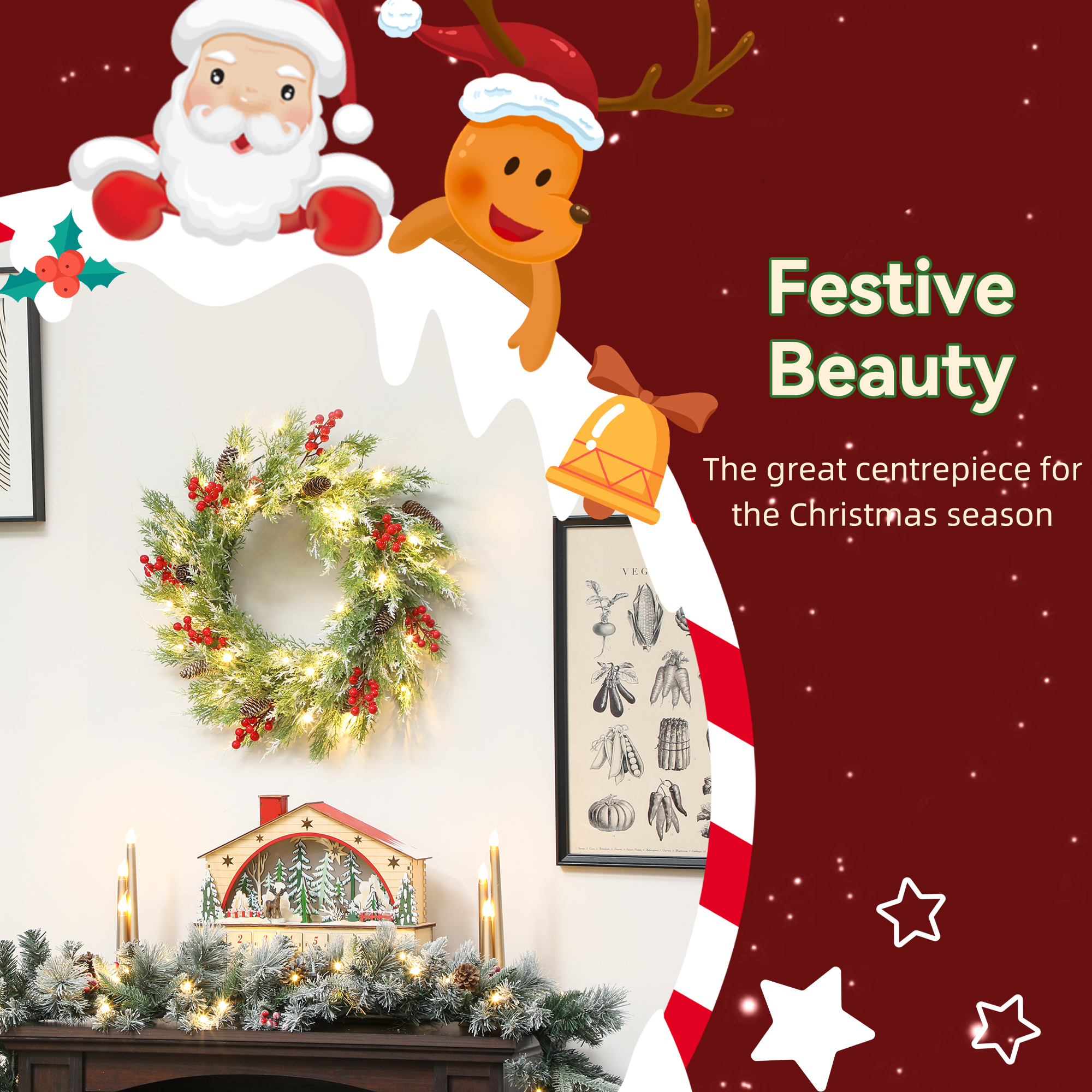 HOMCOM 60 cm Prelit Christmas Wreath, Door Wreath with Realistic Branches, 30 Warm White LEDs, Timer, Battery Operated 4