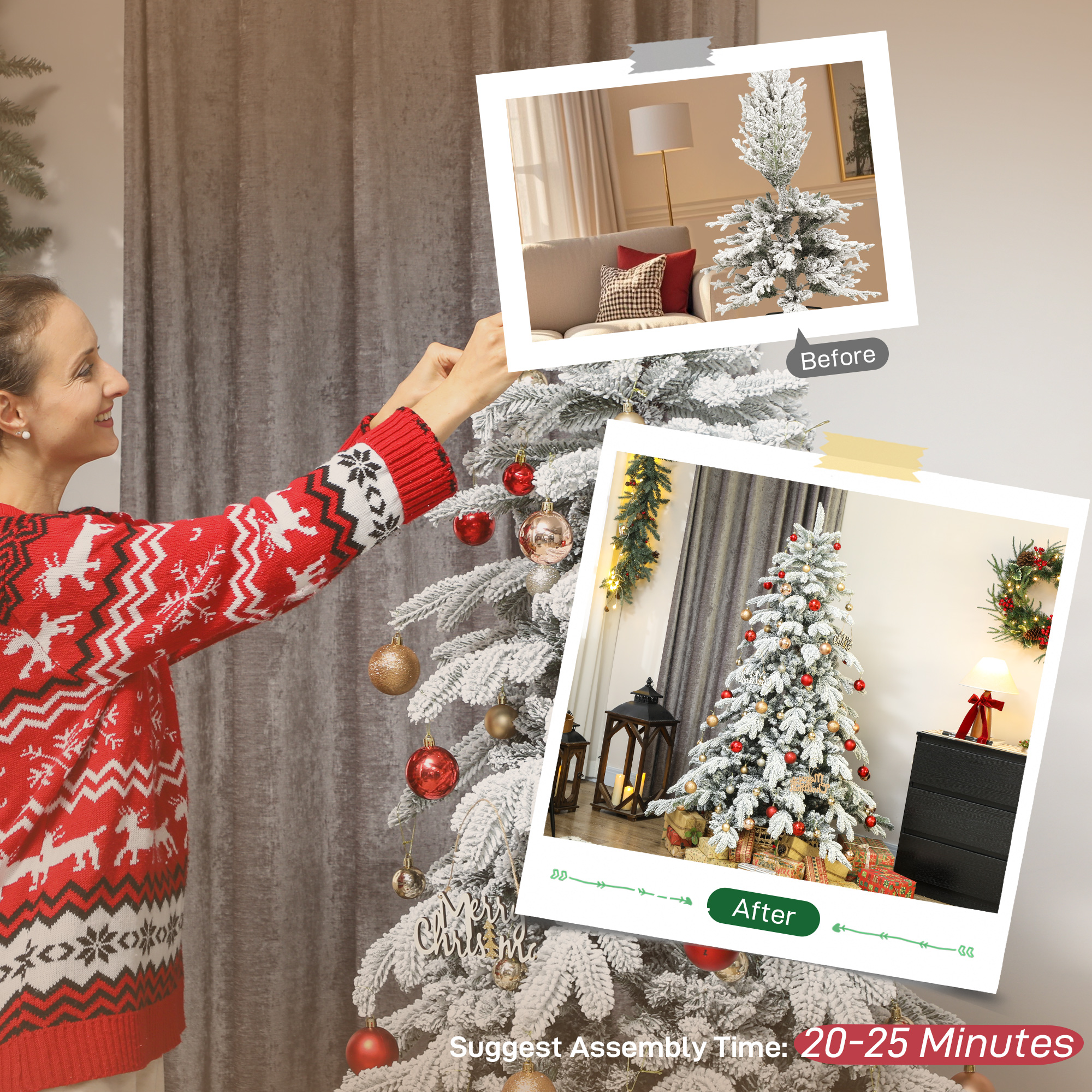 HOMCOM 6ft Super Flocked Christmas Tree Green/White 7