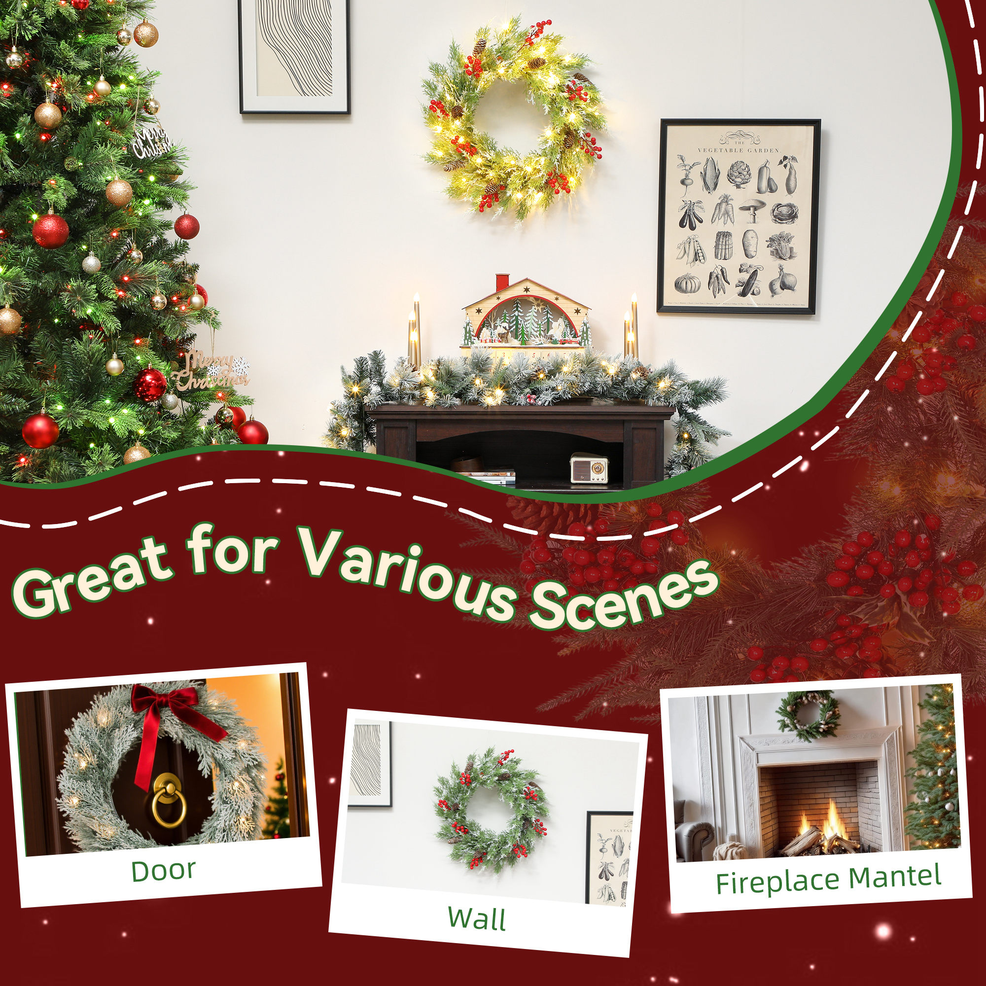 HOMCOM 60 cm Prelit Christmas Wreath, Door Wreath with Realistic Branches, 30 Warm White LEDs, Timer, Battery Operated 7