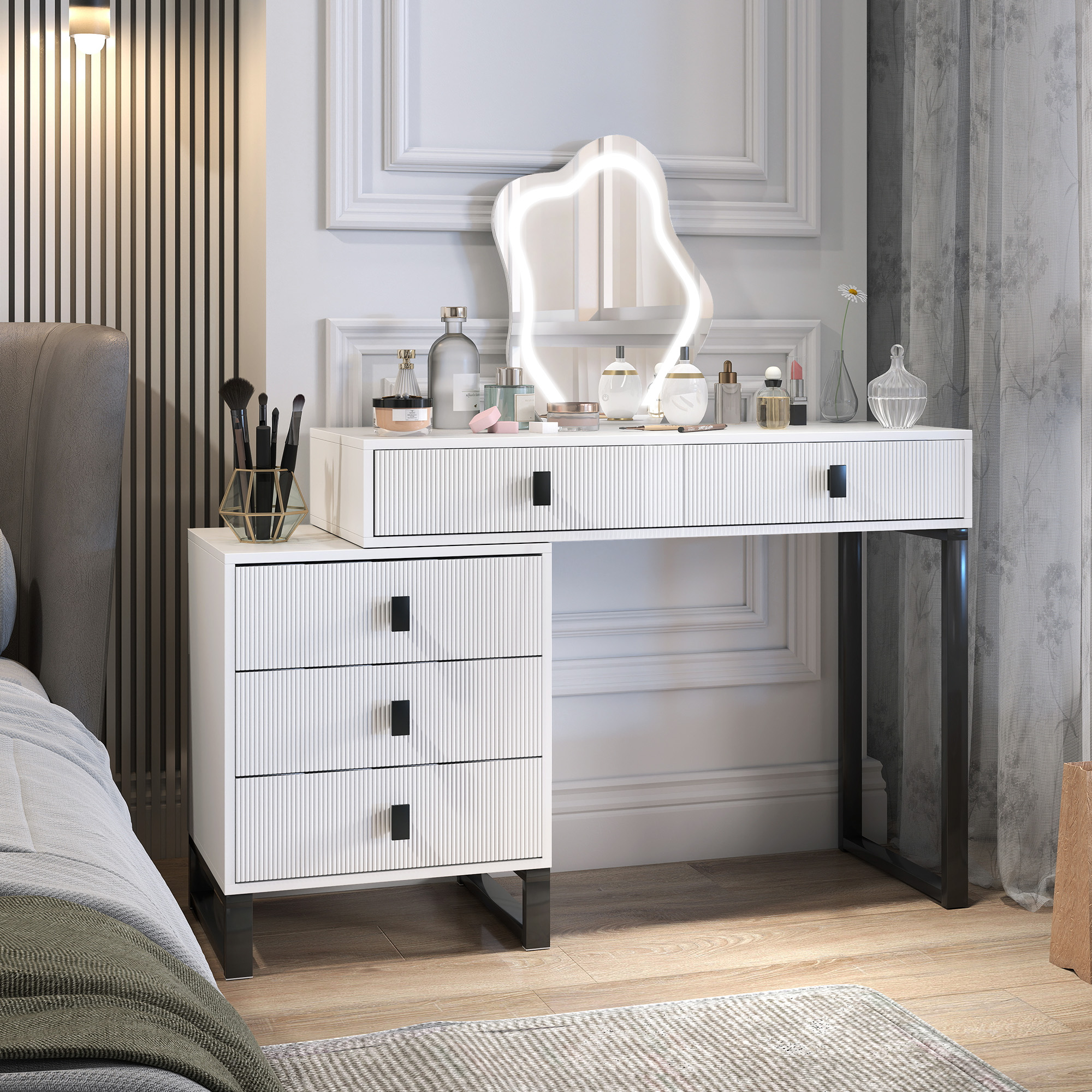 HOMCOM Dressing Table, Vanity Desk with Leaf Shape Mirror, Makeup Table with 5 Drawers, 3-Colour LED Lights, 100x40cm Tabletop, White 8
