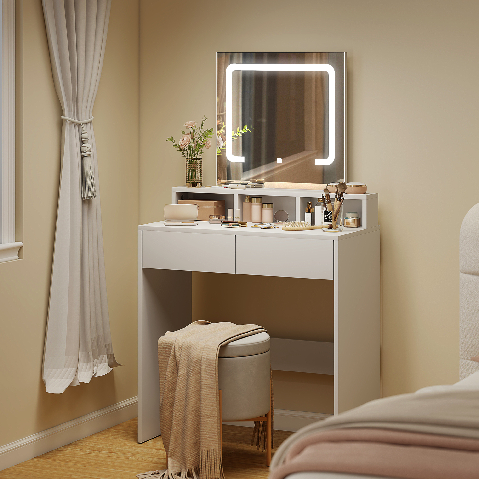 HOMCOM Storage Dressing Table, with LED Light Mirror White 2
