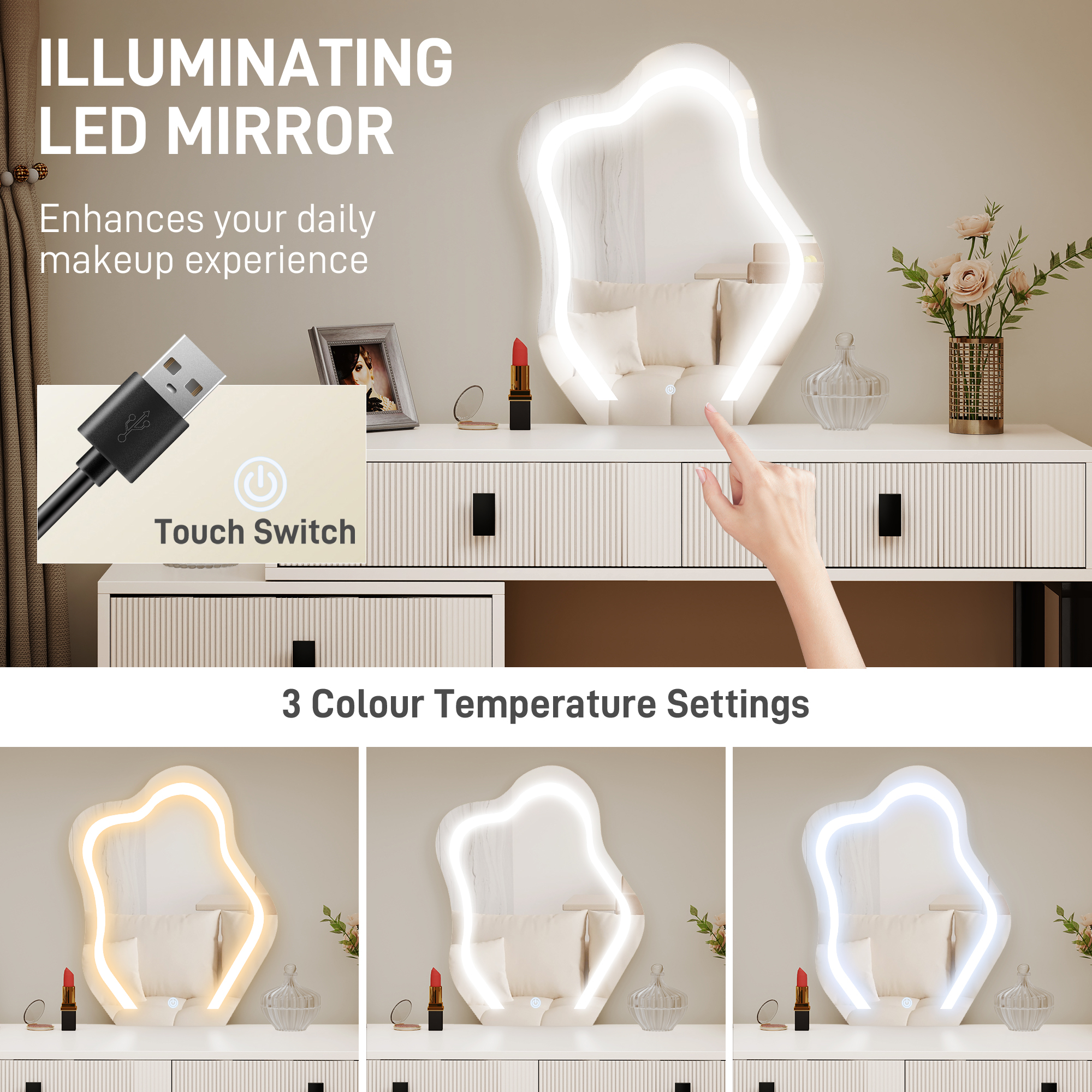 HOMCOM Dressing Table, Vanity Desk with Leaf Shape Mirror, Makeup Table with 5 Drawers, 3-Colour LED Lights, 100x40cm Tabletop, White 4