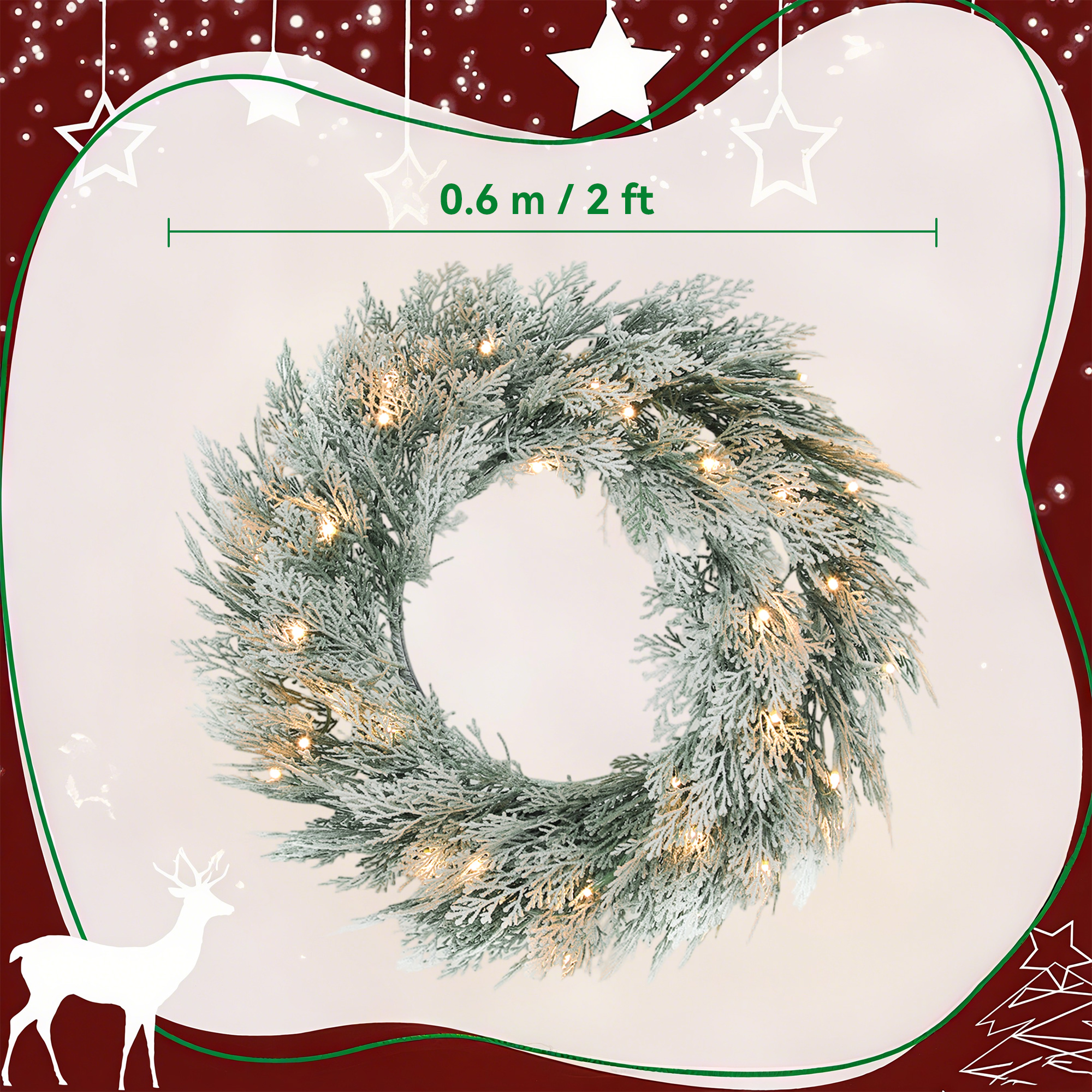 HOMCOM 60cm/ 24inch Flocked Prelit Christmas Wreath 3
