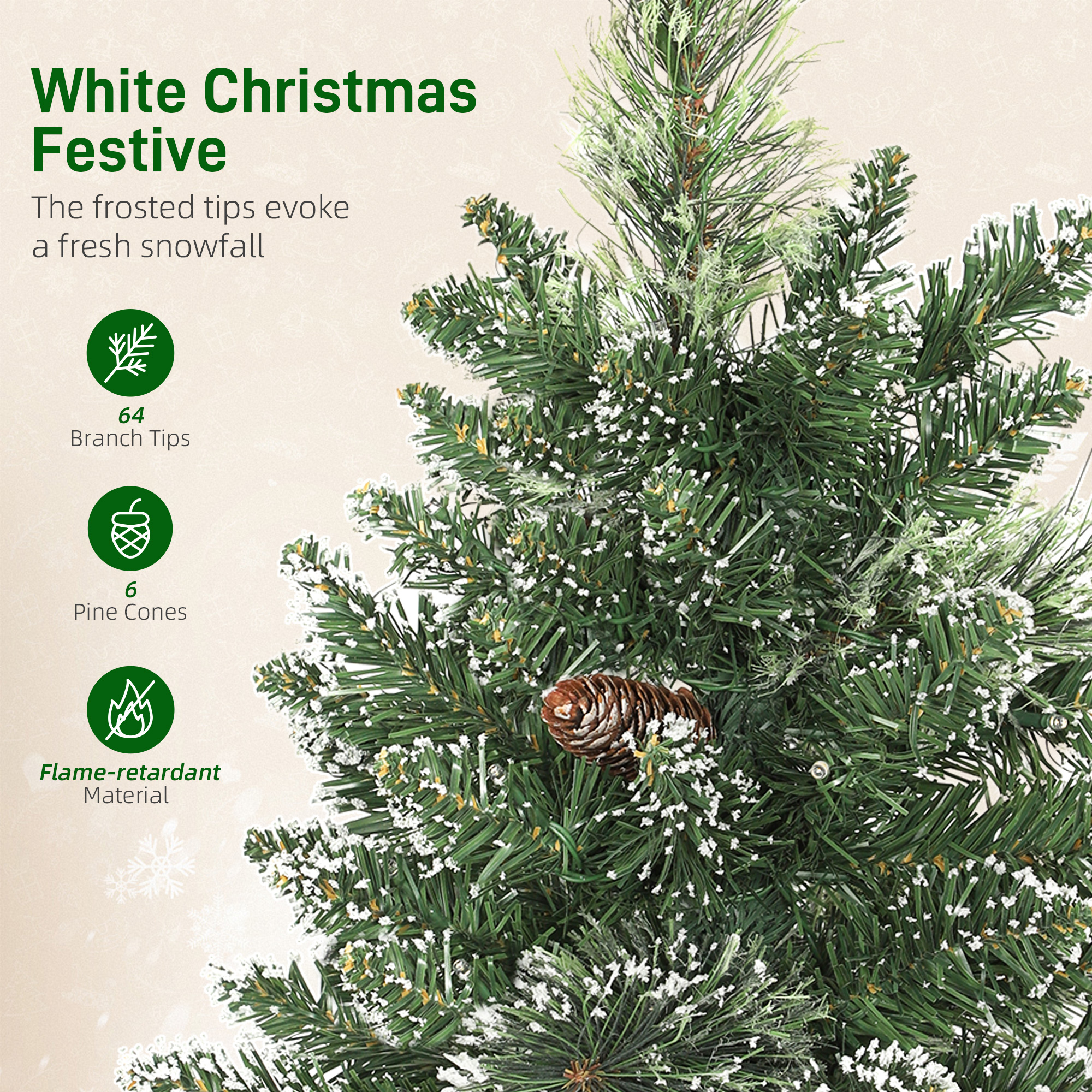 HOMCOM 60 cm Prelit Small Christmas Tree, Snow Flocked Tabletop Mini Xmas Tree with 35 LED Lights, Pine Cones and Linen Cover Base, Battery Operated, Green 6