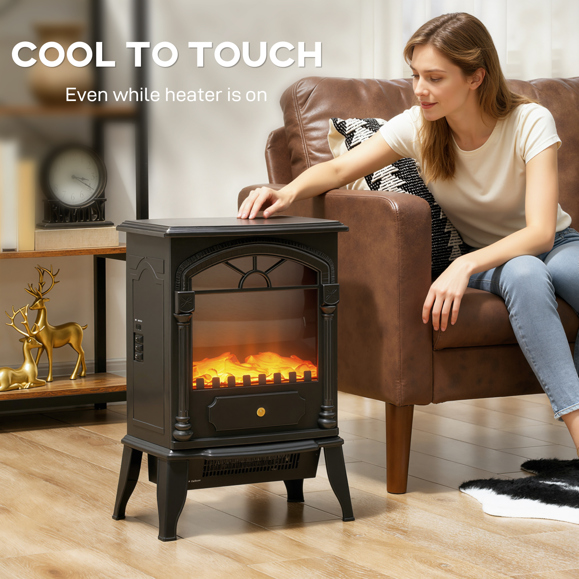 HOMCOM Electric Fireplace Stove Heater with 3D Flame Effect, 2000W/1000W, Freestanding Portable Fireplace with Adjustable Thermostat, 2 Heat Settings for Living Room, Black 7