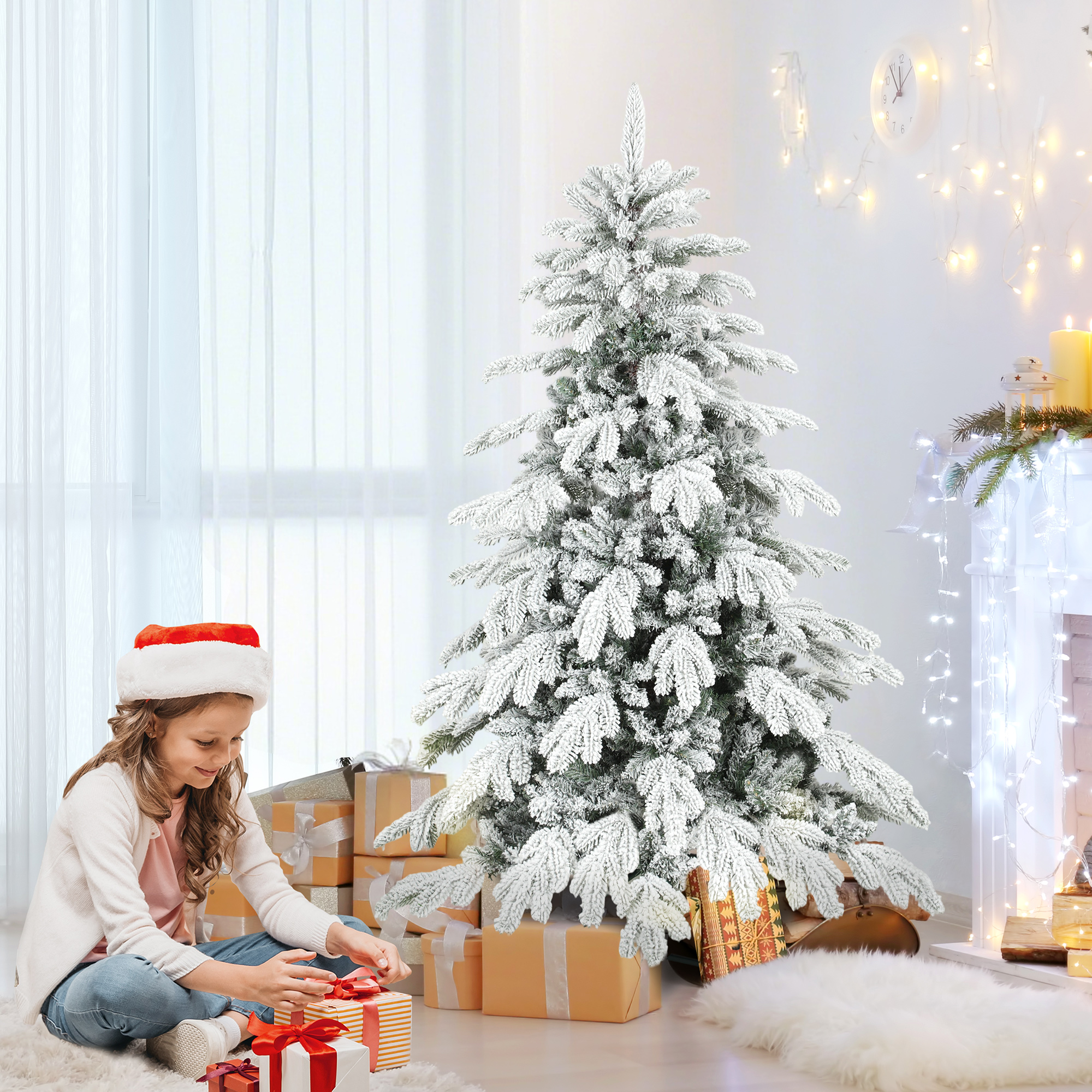 HOMCOM 5ft Super Flocked Christmas Tree Green/White 9