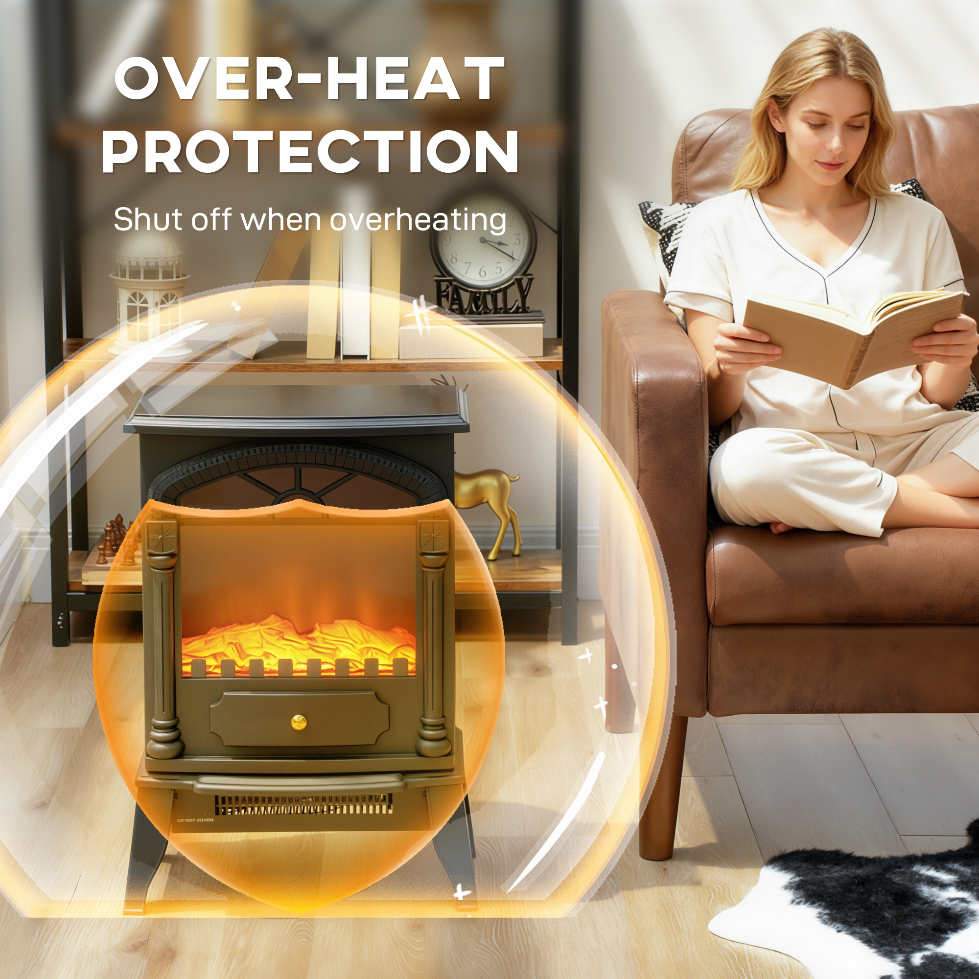 HOMCOM Electric Fireplace Stove Heater with 3D Flame Effect, 2000W/1000W, Freestanding Portable Fireplace with Adjustable Thermostat, 2 Heat Settings for Living Room, Black 6