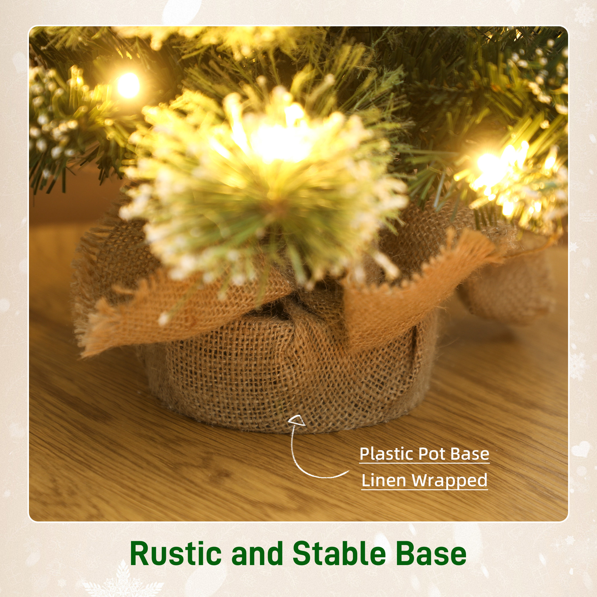 HOMCOM 60 cm Prelit Small Christmas Tree, Snow Flocked Tabletop Mini Xmas Tree with 35 LED Lights, Pine Cones and Linen Cover Base, Battery Operated, Green 7