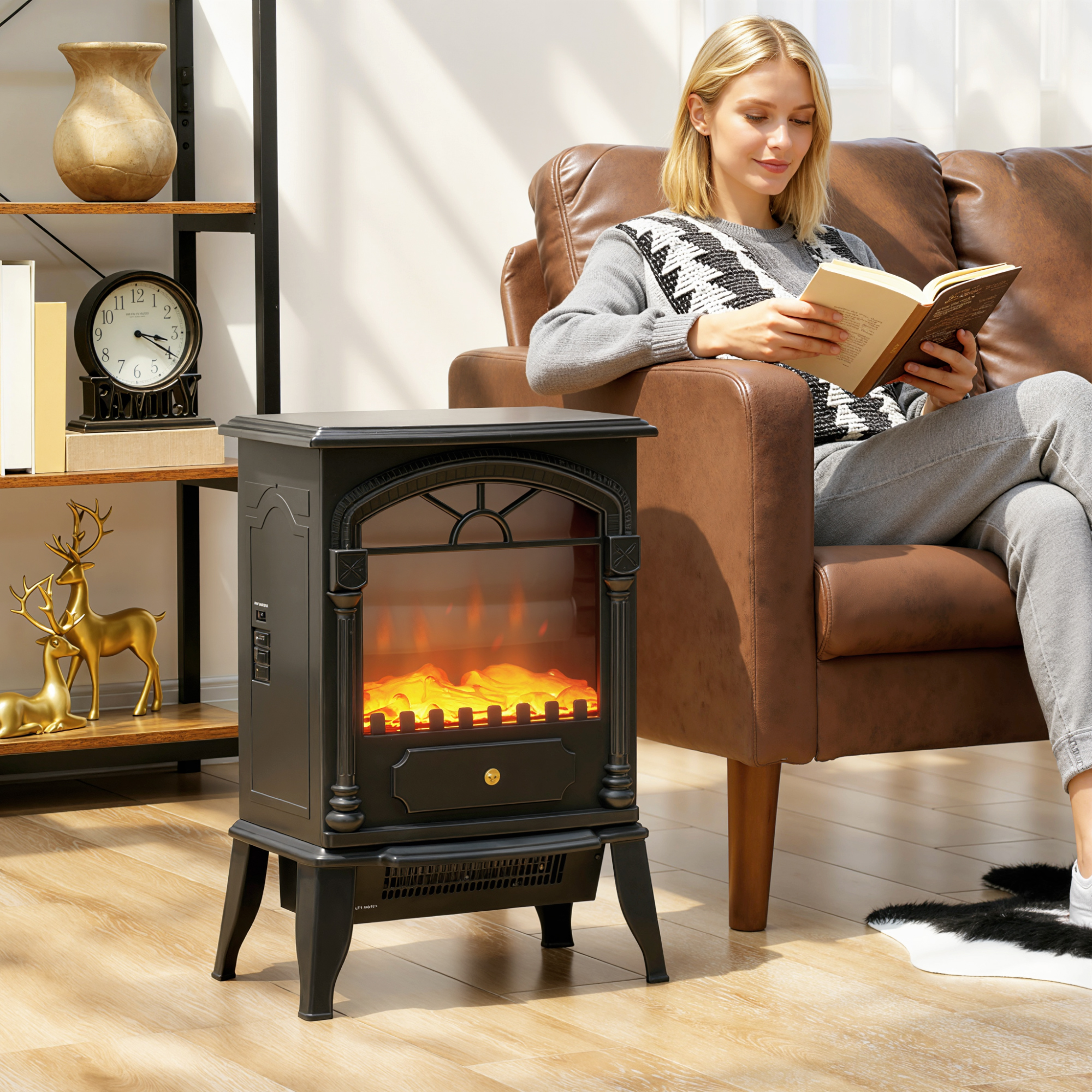 HOMCOM Electric Fireplace Stove Heater with 3D Flame Effect, 2000W/1000W, Freestanding Portable Fireplace with Adjustable Thermostat, 2 Heat Settings for Living Room, Black 2
