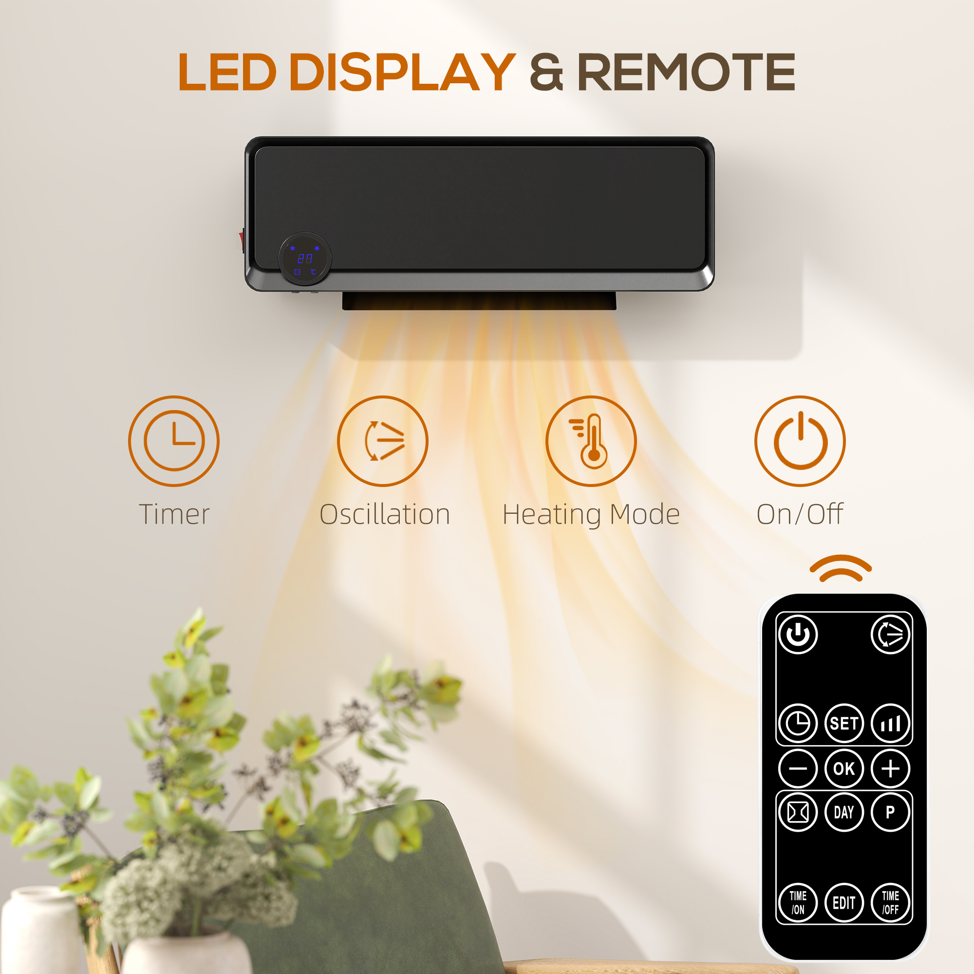 HOMCOM Wall Downflow Heater 2 Heat and Fan 1000W/2000W, Electric Space Heater with Timer Remote Oscillating, for Bedroom Home Office, Black 5