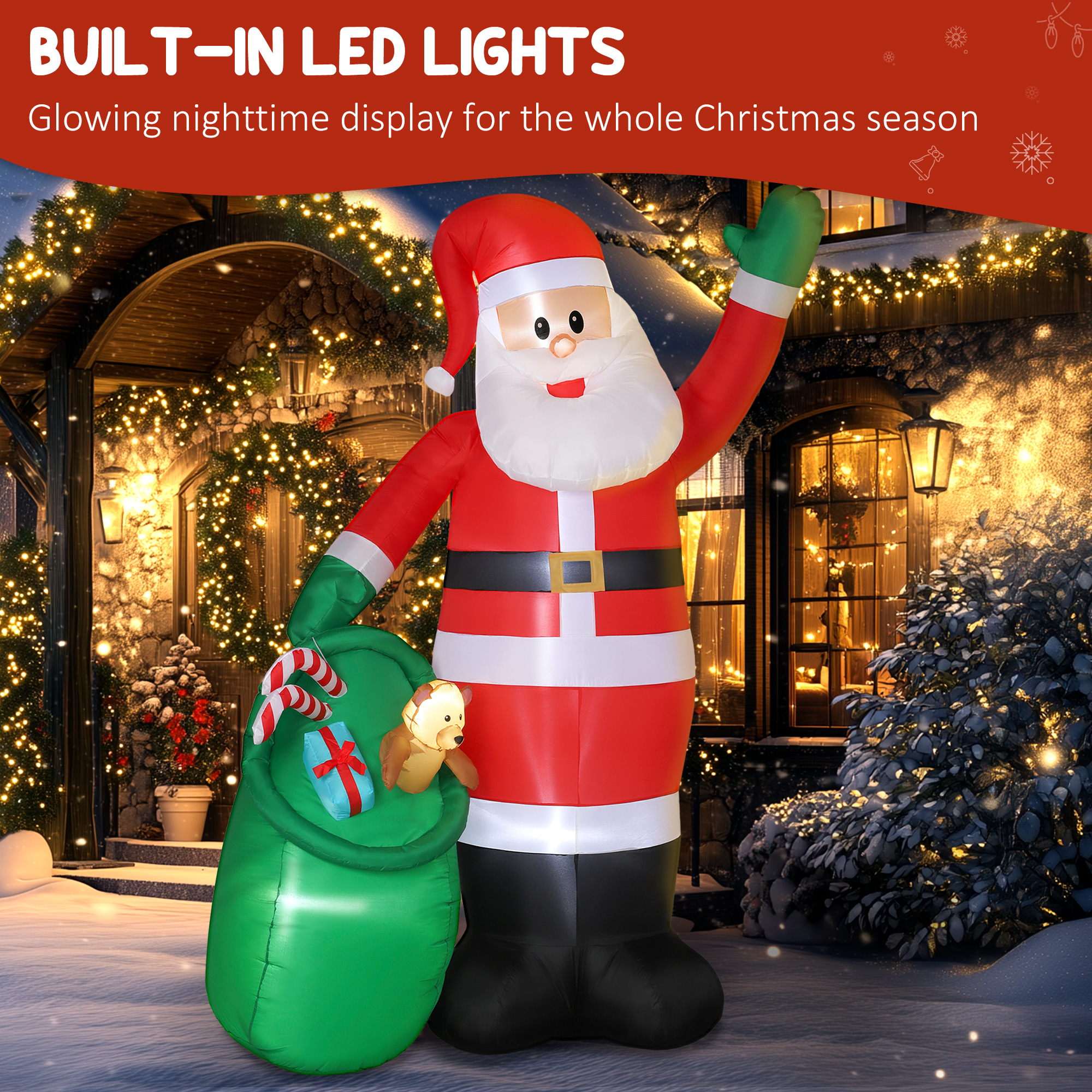 Outsunny 9ft/275 cm Christmas Inflatable Santa with Bear Sack, Giant Christmas Blow Up Decoration with Built-in LED Lights for Garden, Indoor Outdoor Home Decor 4
