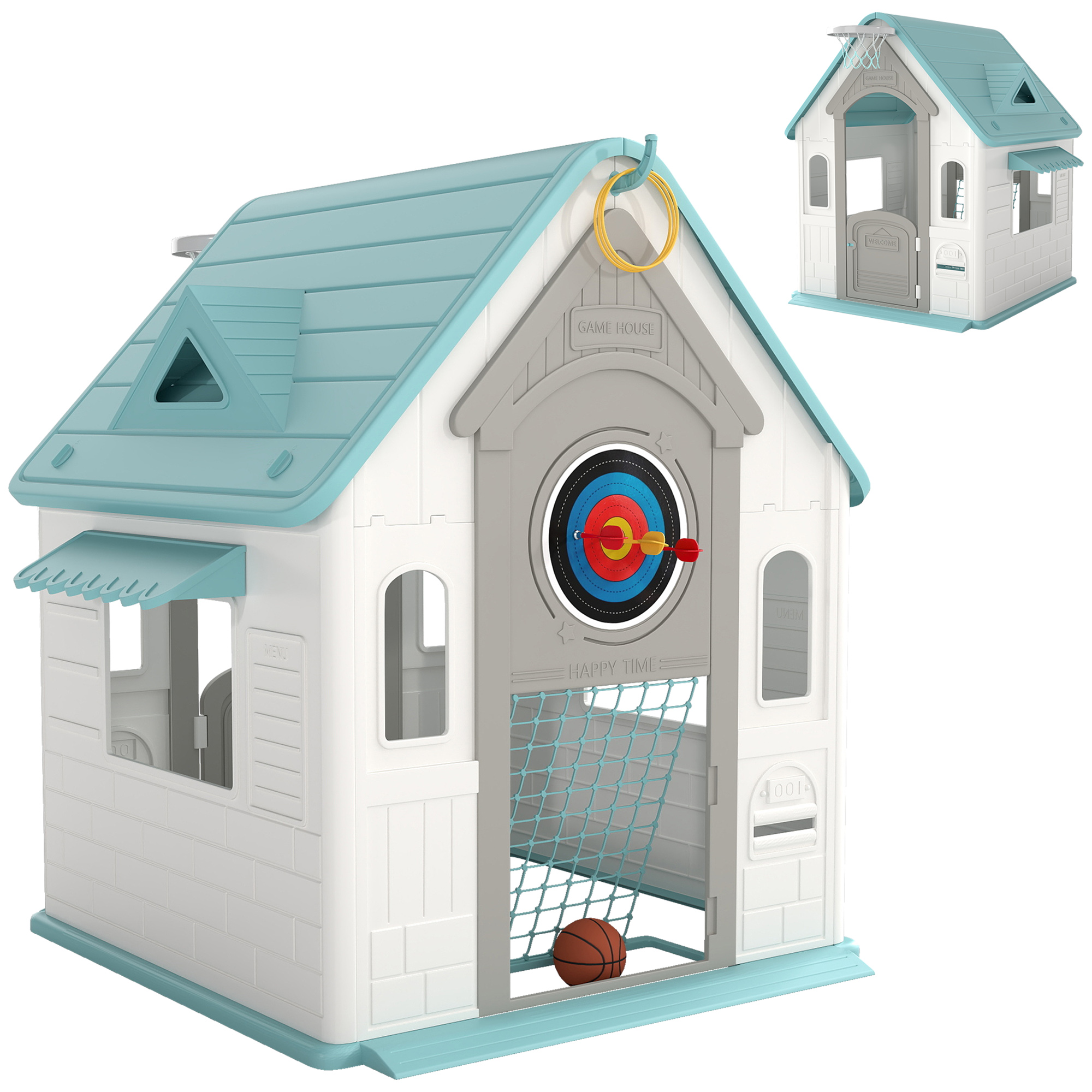 AIYAPLAY Casa de Brincar para Crianças 5 em 1 Casa de Jardim com Lançamento de Anéis Basquetebol Futebol Dardos 132x118x124 cm B   Aosom Portugal