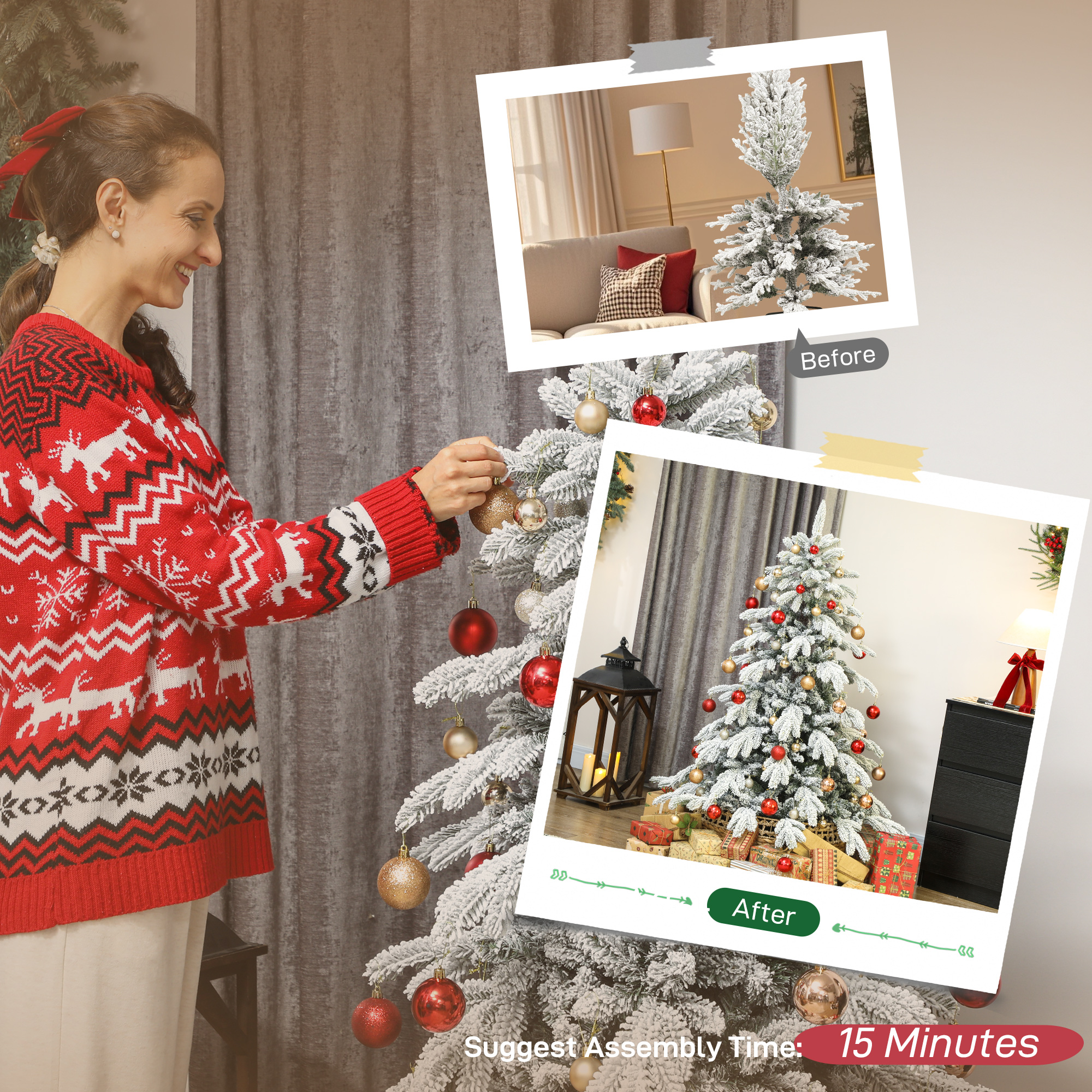 HOMCOM 5ft Super Flocked Christmas Tree Green/White 7