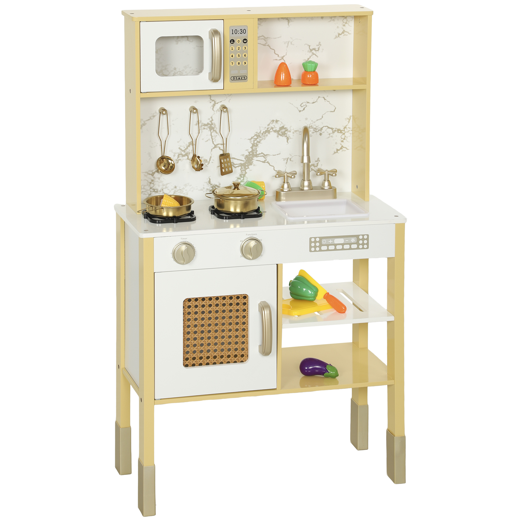 AIYAPLAY Holzspielküche mit Sound, Kinderküche mit Edelstahl-Zubehör, Mikrowelle, Ofen, Spüle, Gemüse zum Schneiden, für Kinder ab 3 Jahren, Gold Aosom