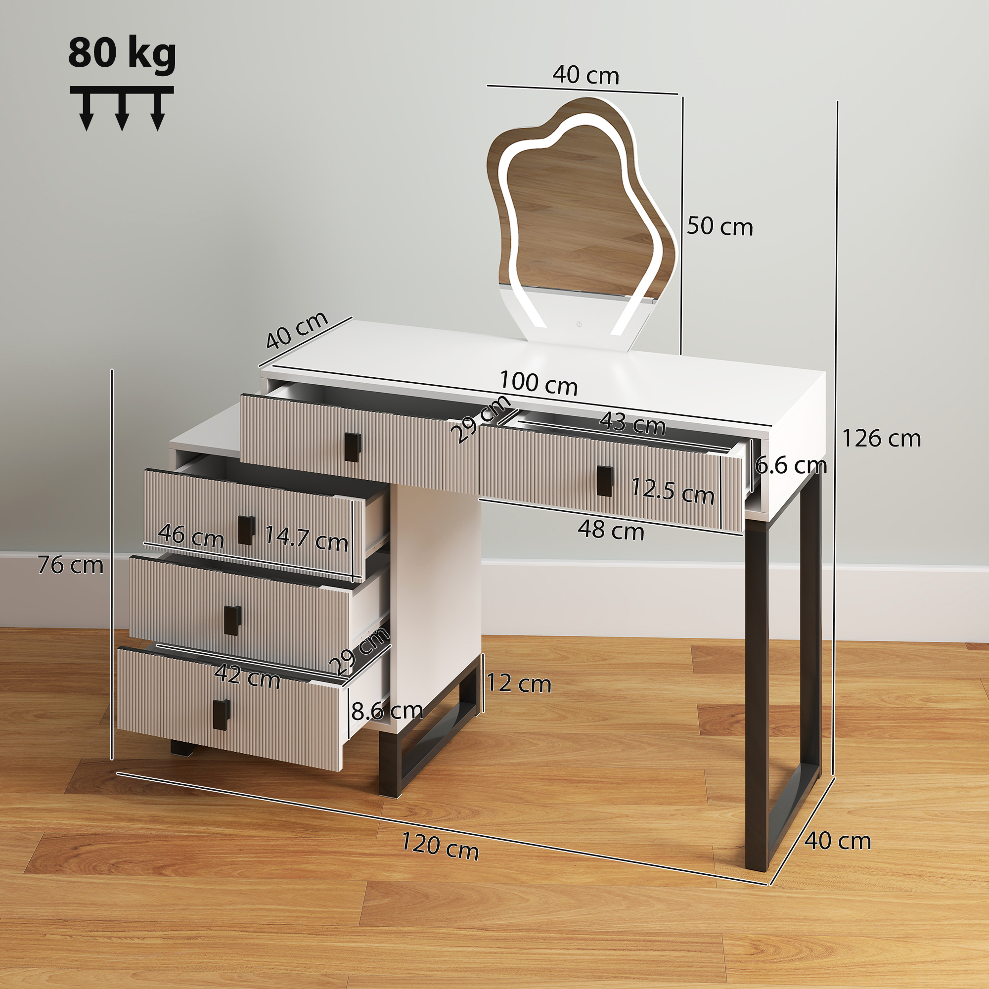 HOMCOM Dressing Table, Vanity Desk with Leaf Shape Mirror, Makeup Table with 5 Drawers, 3-Colour LED Lights, 100x40cm Tabletop, White 3