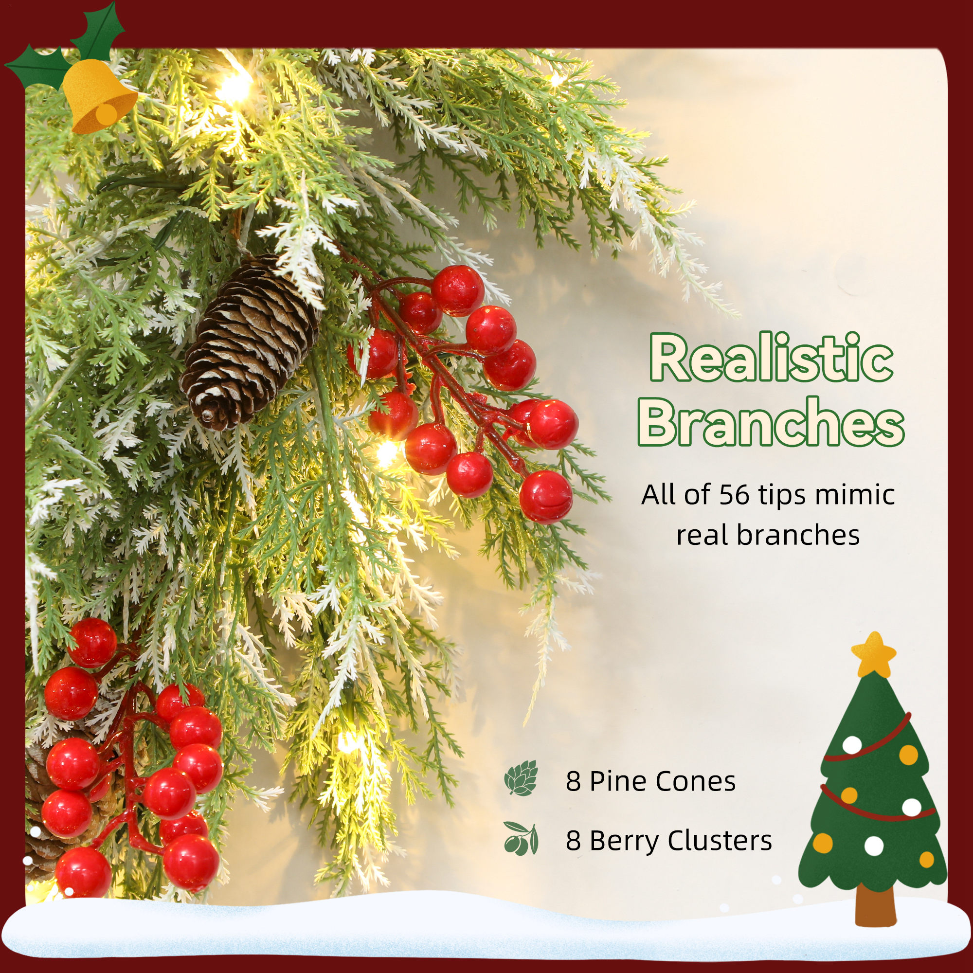 HOMCOM 60 cm Prelit Christmas Wreath, Door Wreath with Realistic Branches, 30 Warm White LEDs, Timer, Battery Operated 6