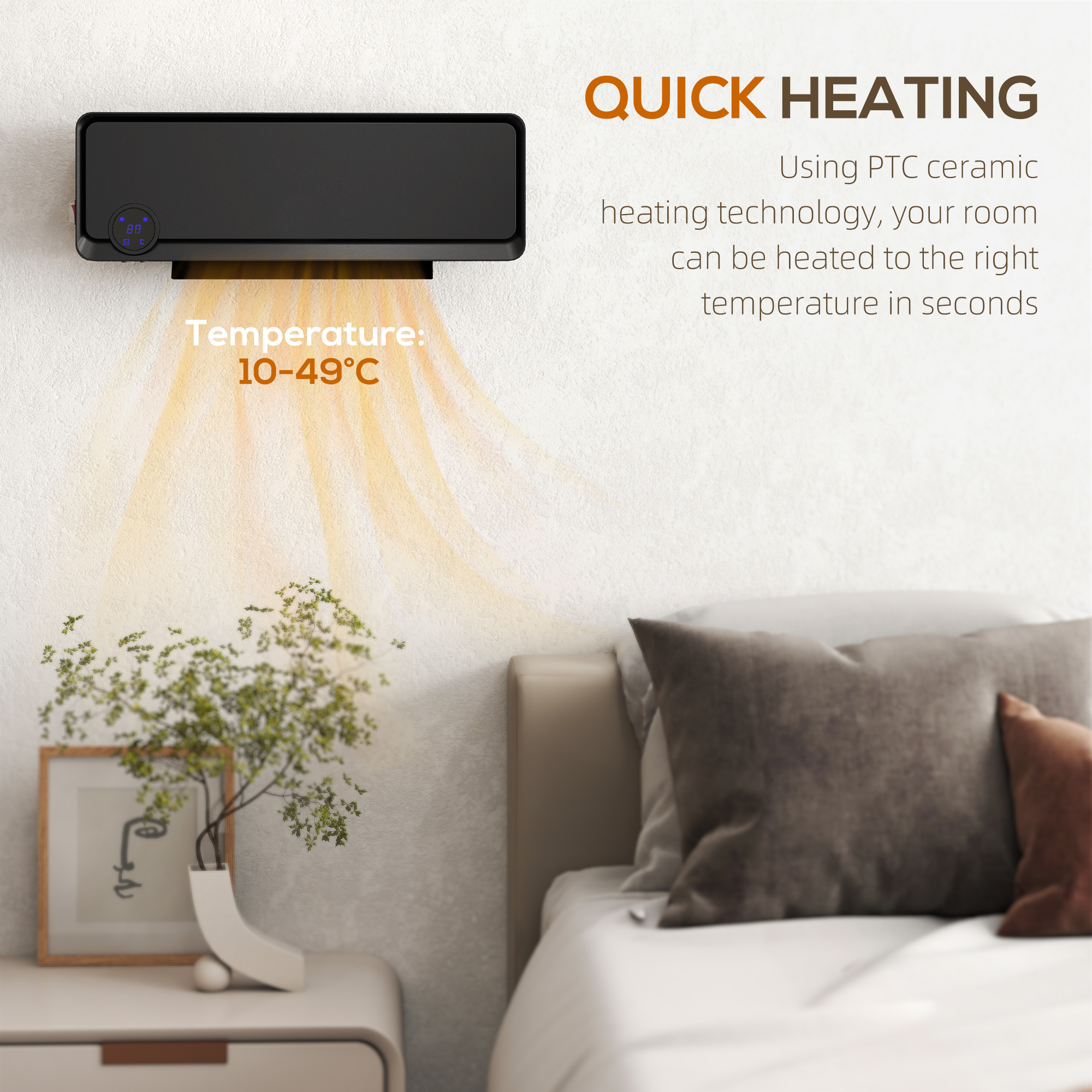 HOMCOM Wall Downflow Heater 2 Heat and Fan 1000W/2000W, Electric Space Heater with Timer Remote Oscillating, for Bedroom Home Office, Black 6