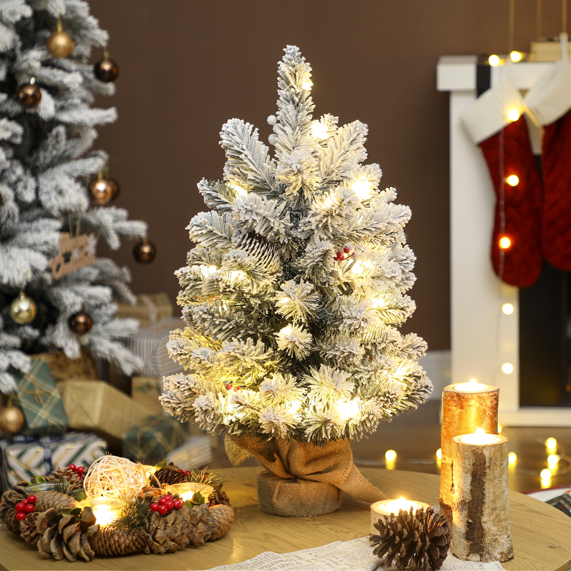HOMCOM 60 cm Prelit Small Christmas Tree with 35 LED Lights, Snow Flocked Tabletop Mini Xmas Tree with 72 Dense Branches, Pine Cones, Berry Clusters and Linen Cover Base, Battery Operated, Green 2