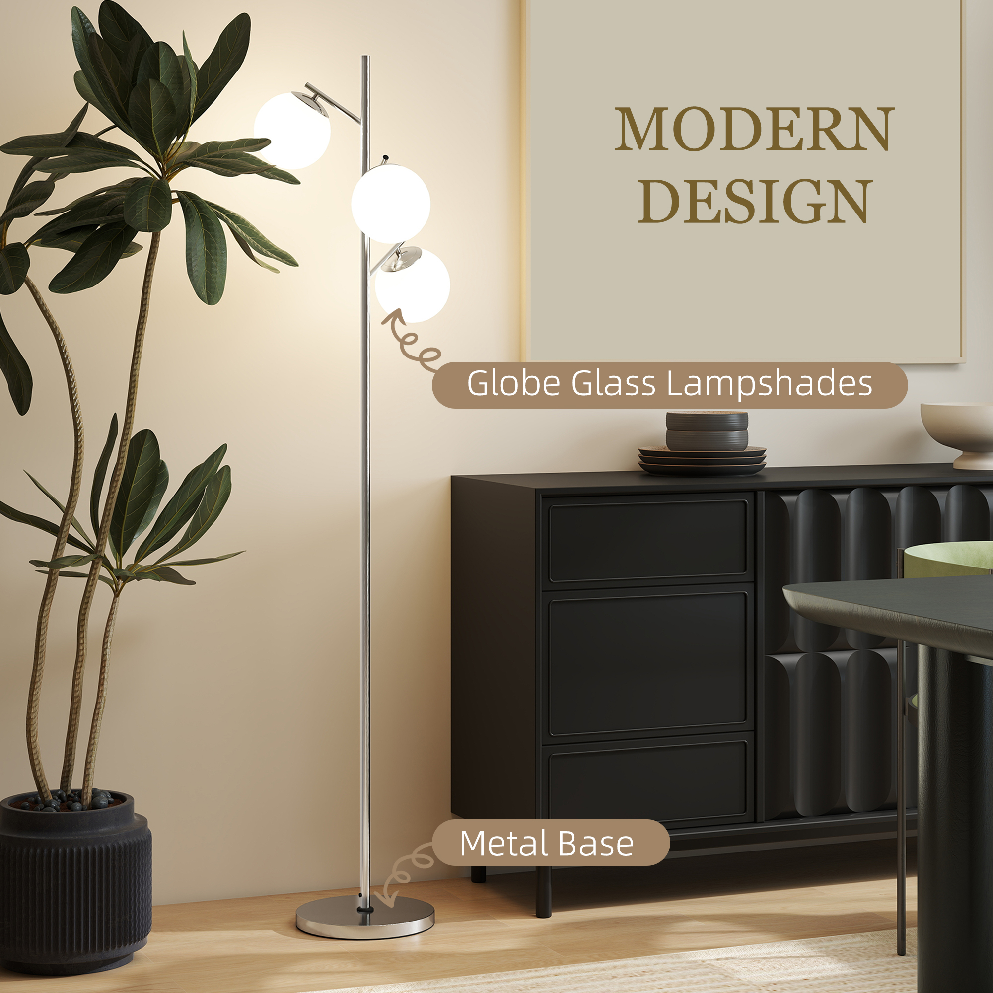 HOMCOM 3-Light Tree Floor Lamps for Living Room, Modern Standing Lamp for Bedroom with Globe Lampshade, 3000K/4000K/6000K Colour Temperatures, Steel Base, Silver Tone 7