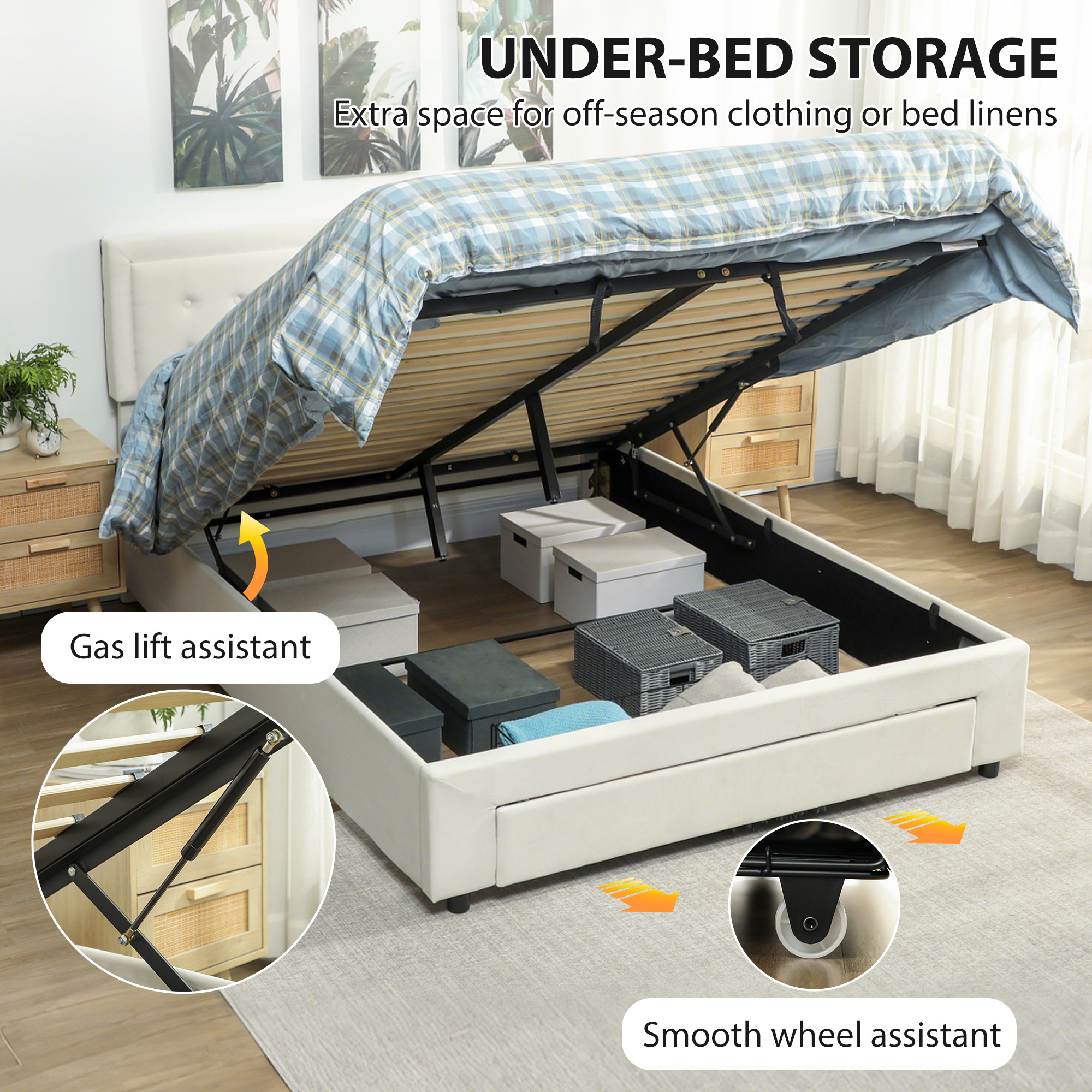 HOMCOM King Size Ottoman Bed Frame, with Front Drawer Cream 4